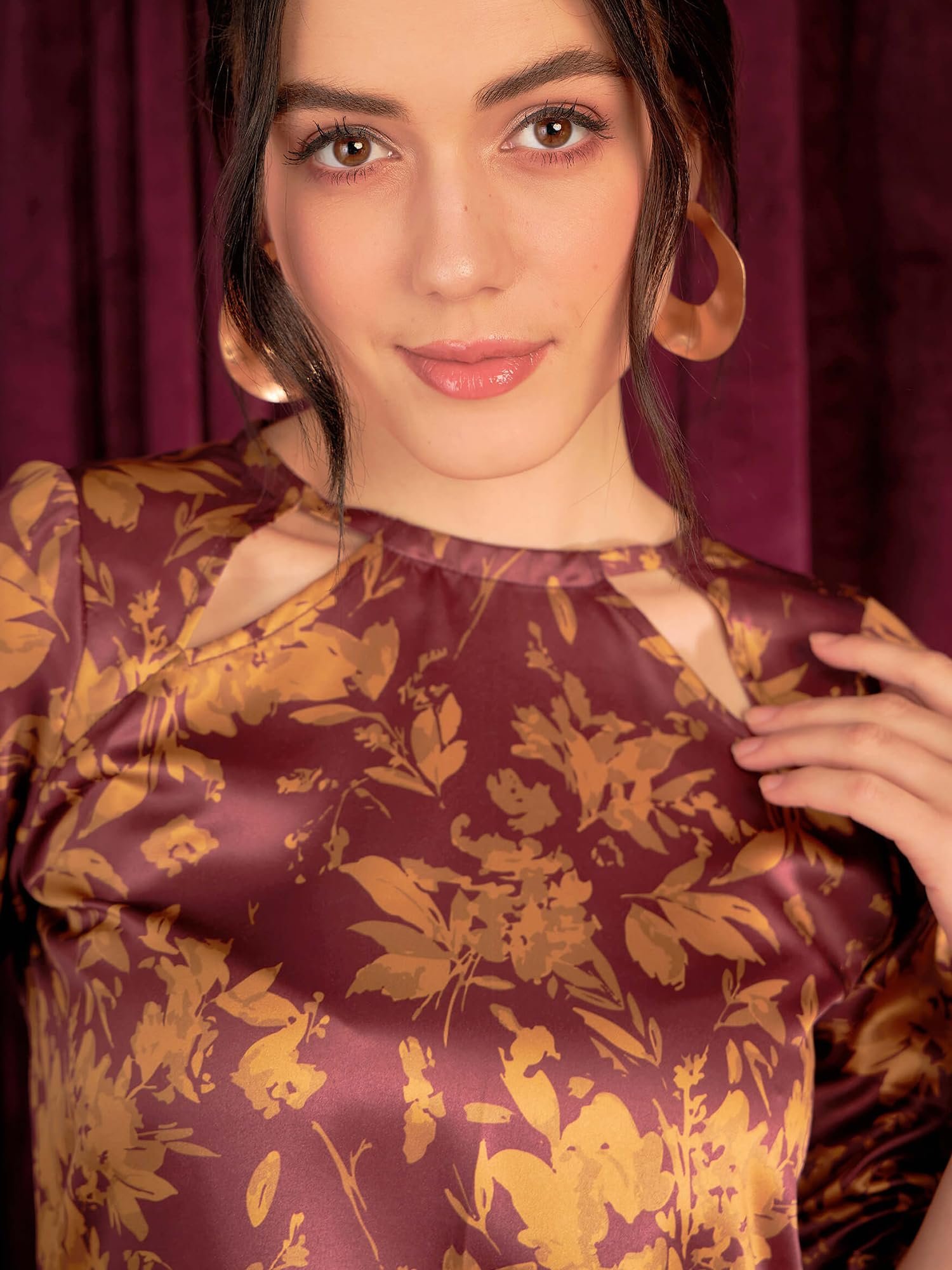 Layla 3/4th Sleeve Mustard & Burgundy Women Top - Image 4