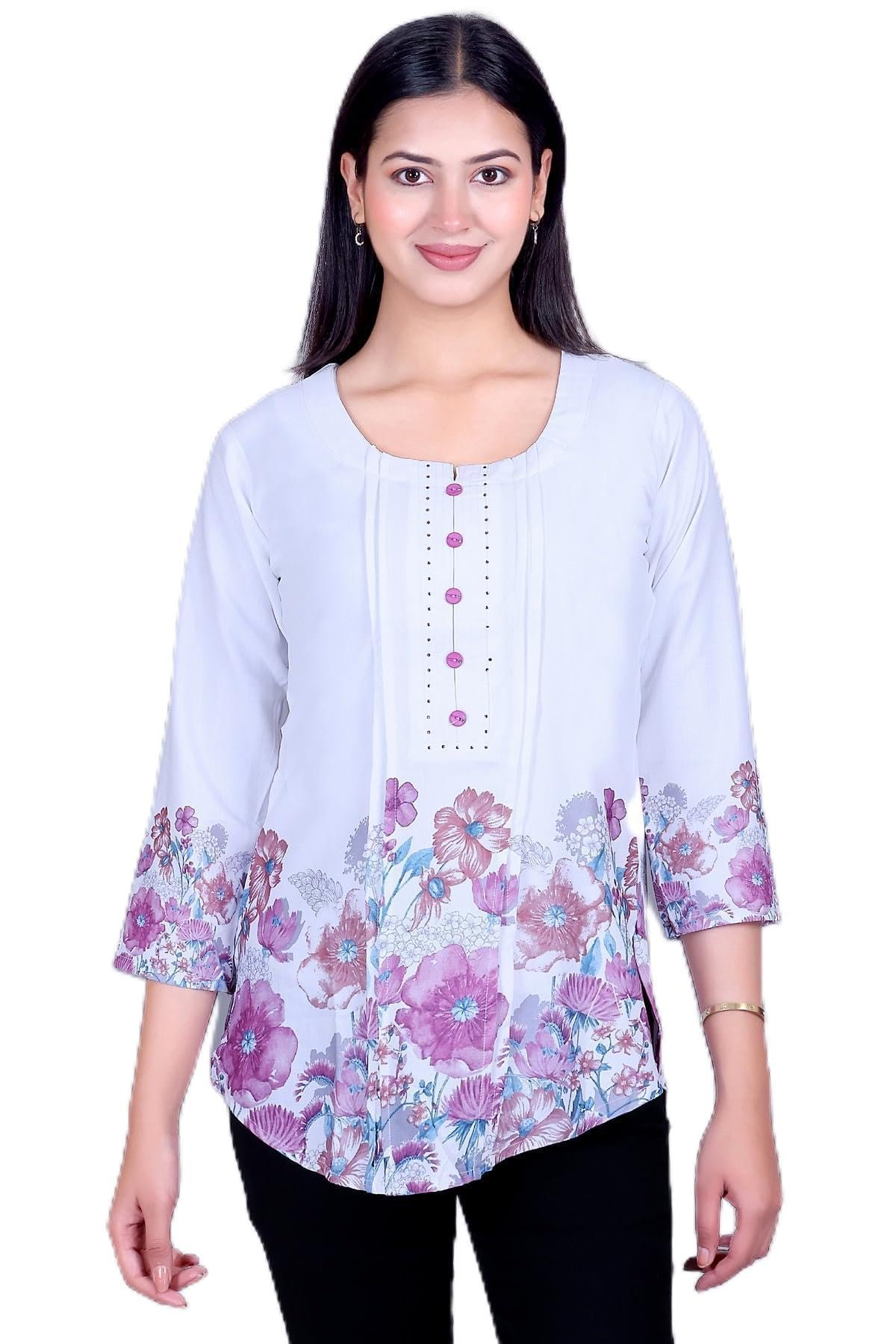 Floral Print Rayon Cotton Tunic Top, White with Blue and Purple, 3/4 Sleeves, Button Detail (in, Alpha, Regular, Purple)