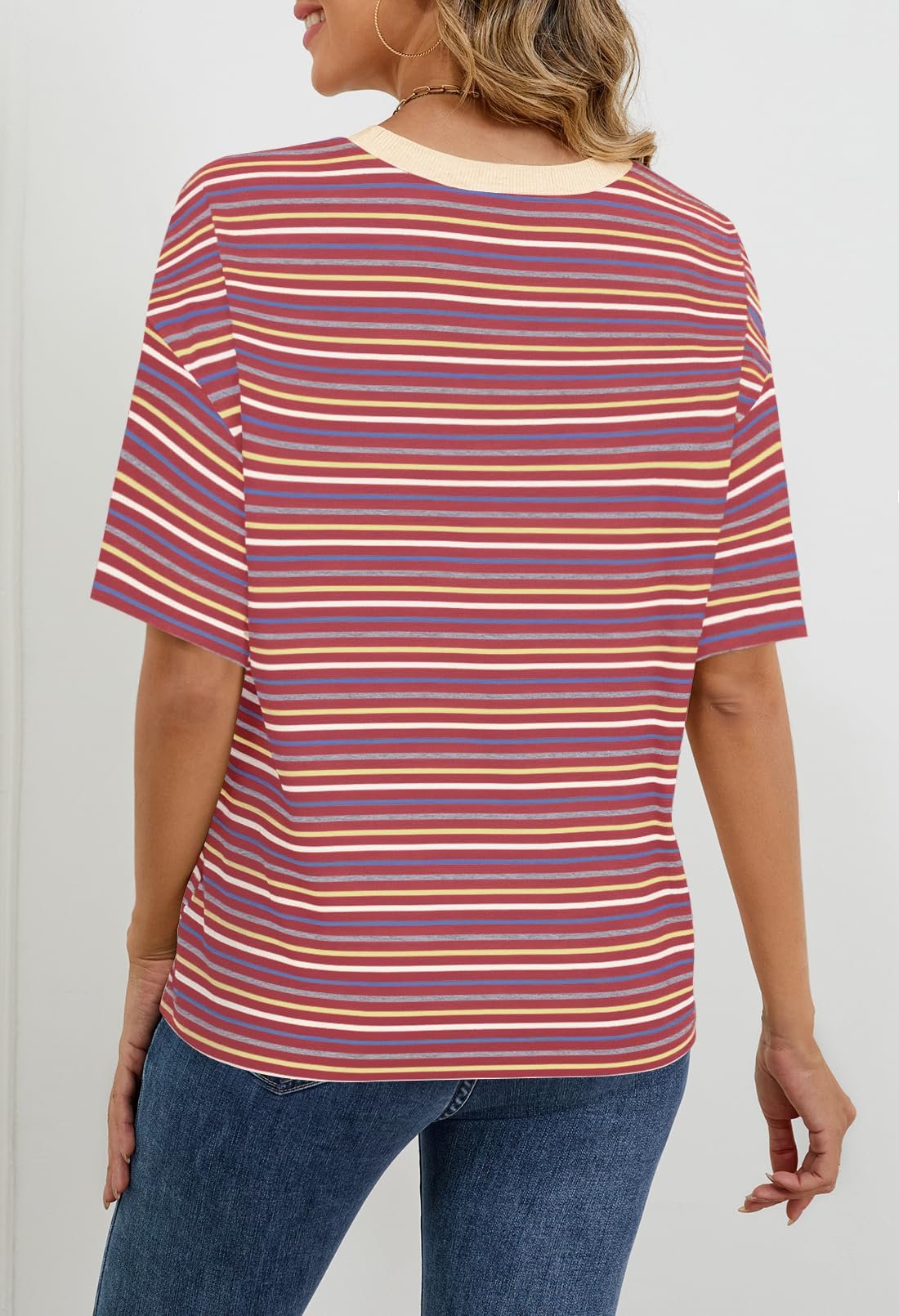 MEROKEETY Womens Summer Short Sleeve Casual Colourful Striped Tops, Wine, XX-Large - Image 5