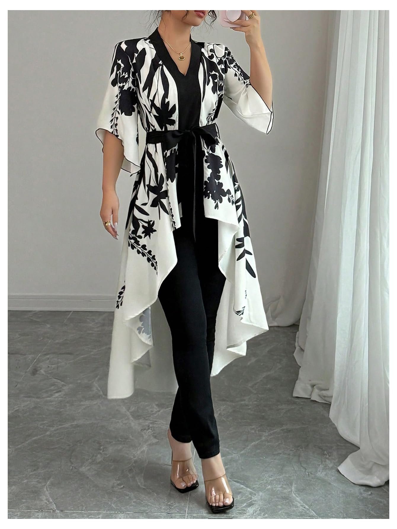 Women's Floral Bell Sleeve Blouse V Neck High Low Tie Front Work Dressy Tops, Multicolor Short Sleeve, Medium - Image 2