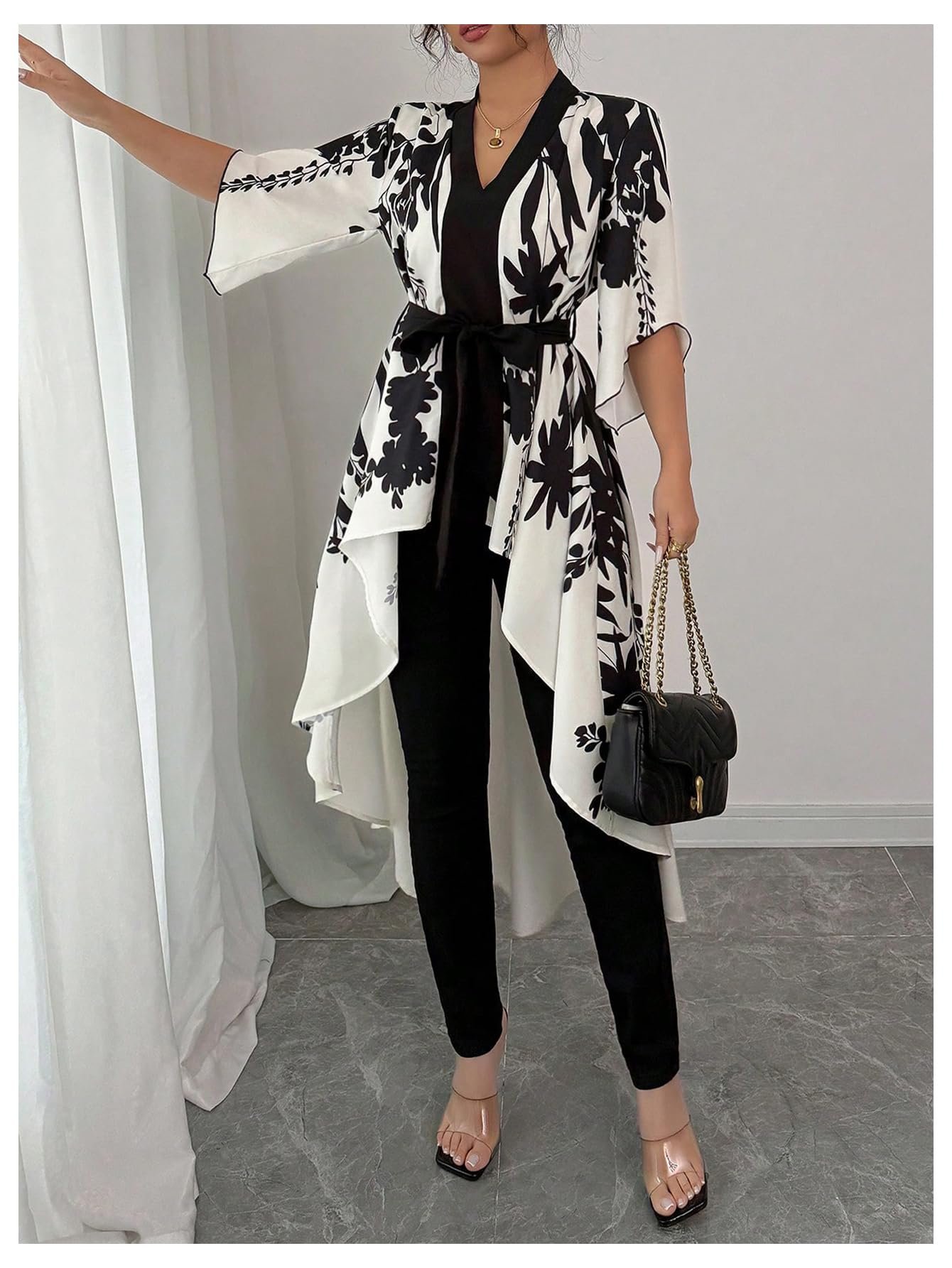 Women's Floral Bell Sleeve Blouse V Neck High Low Tie Front Work Dressy Tops, Multicolor Short Sleeve, Medium - Image 5