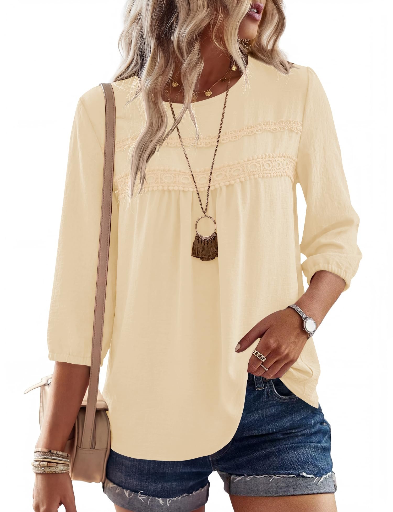 Womens 3/4 Length Sleeve Shirts Casual Chiffon Blouses, Apricot, Large - Image 2