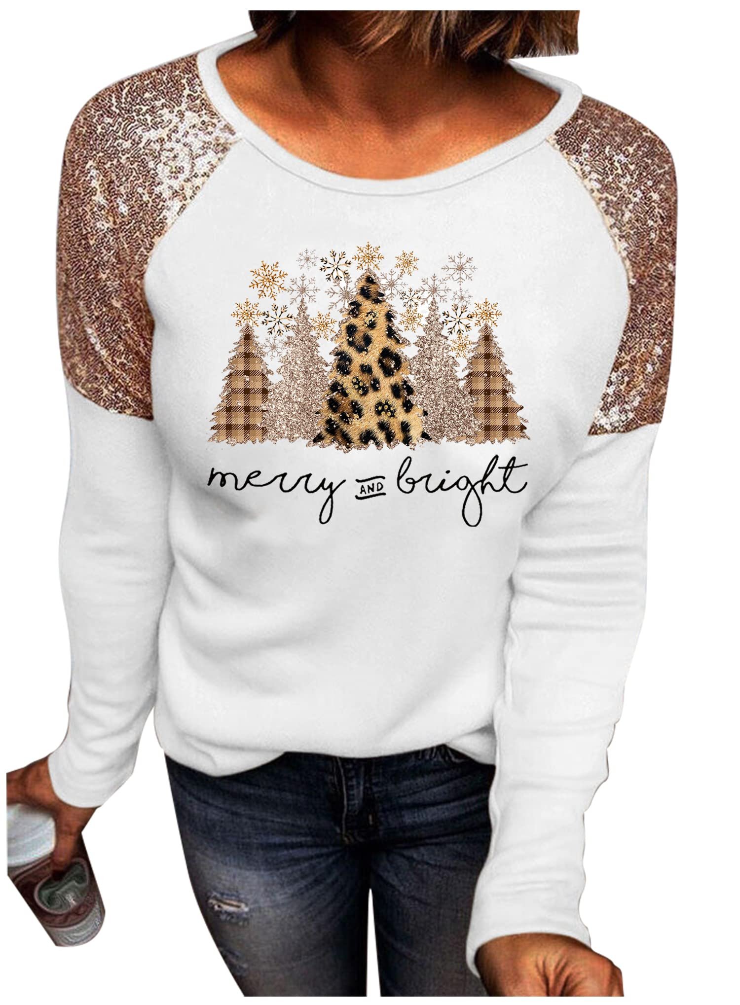 Leopard Christmas Trees Snowflake Sequined Splicing Blouse T Shirts for Women Xmas Vacation Casual Long Sleeve Tees Tops, Bright White 1, Large