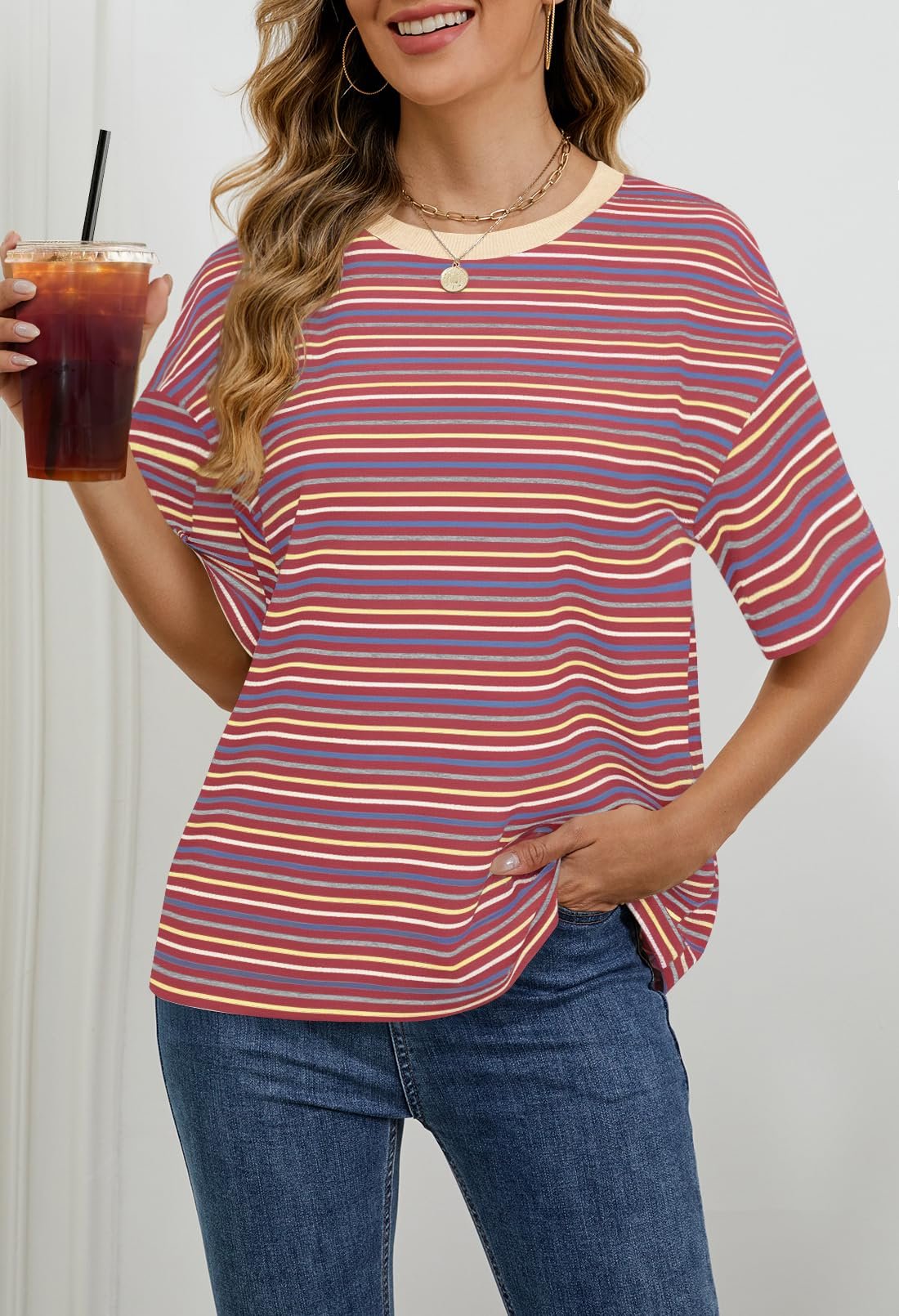 MEROKEETY Womens Summer Short Sleeve Casual Colourful Striped Tops, Wine, XX-Large - Image 2