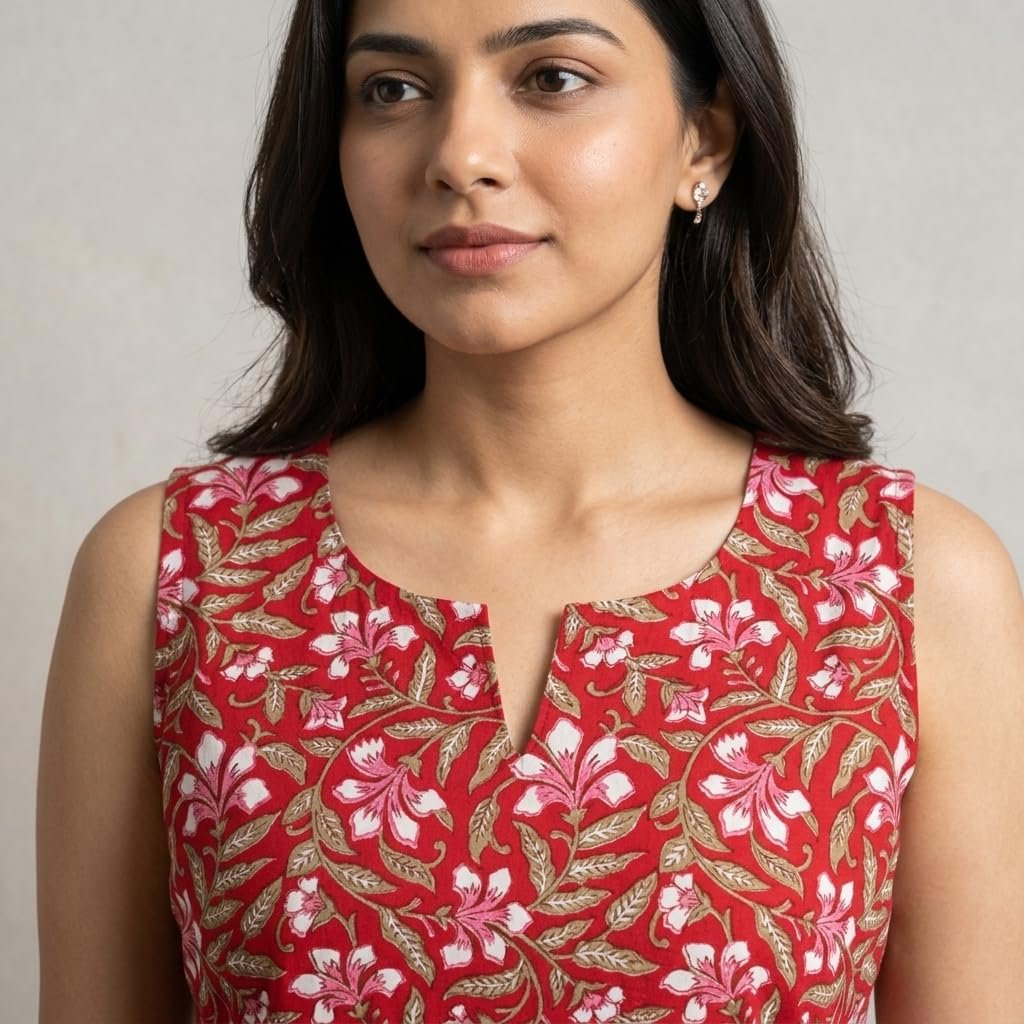 Women's Cotton Blend Short Kurti Tunic Top | Sleeveless Floral Print Ethnic Top for Women | Casual Kurti to Pair with Jeans, Trousers & Palazzos (in, Alpha) Blue - Image 7