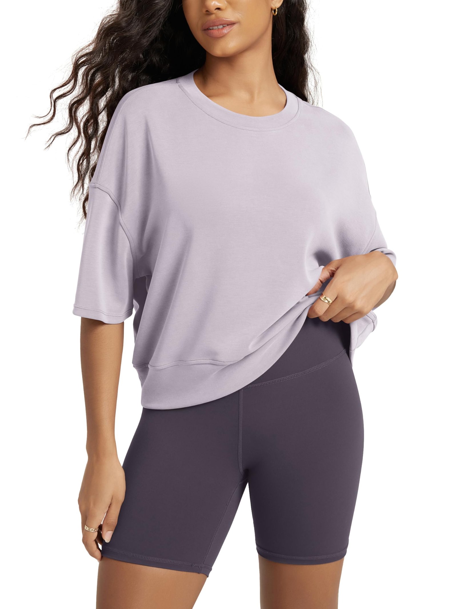ODODOS Modal Soft Short Sleeve T-Shirts for Women Oversized Crew Neck Tee Relaxed Pullover Tops, Lilac, Medium
