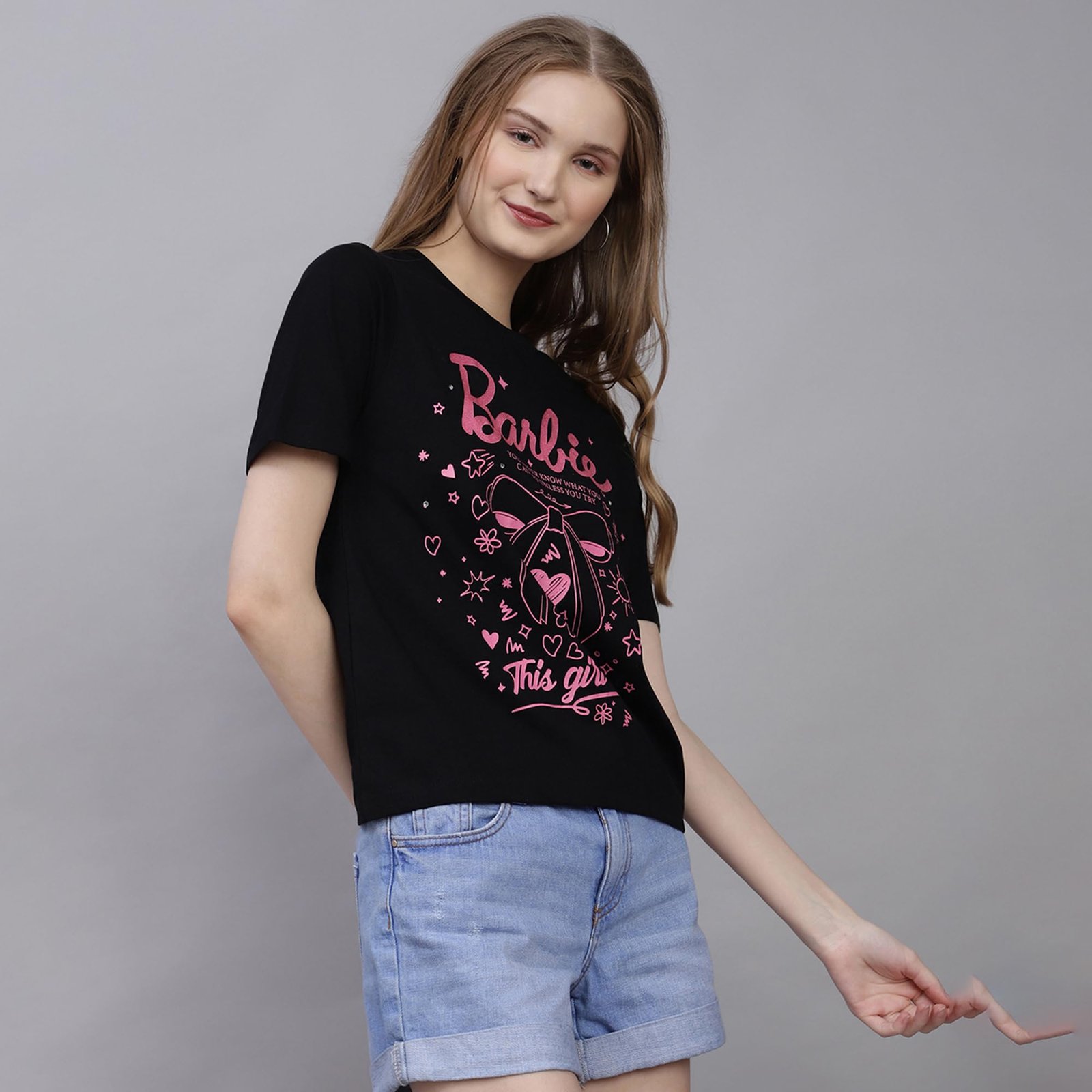 Free Authority Official Mattel Barbie Women Graphic Printed Pure Cotton Regular Fit T-Shirt | Half Sleeves Round Neck Casual Summer Tee - Image 3