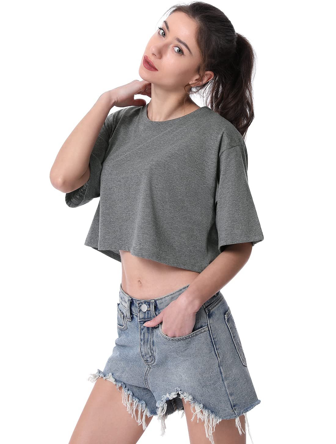 Cosy Pyro 4-Pack Women's Cotton Crop T-Shirts Short Sleeve Solid Cropped, 4-pack Black/Gray/White/Purple, X-Large - Image 3