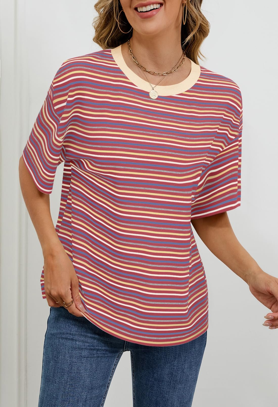MEROKEETY Womens Summer Short Sleeve Casual Colourful Striped Tops, Wine, XX-Large - Image 3