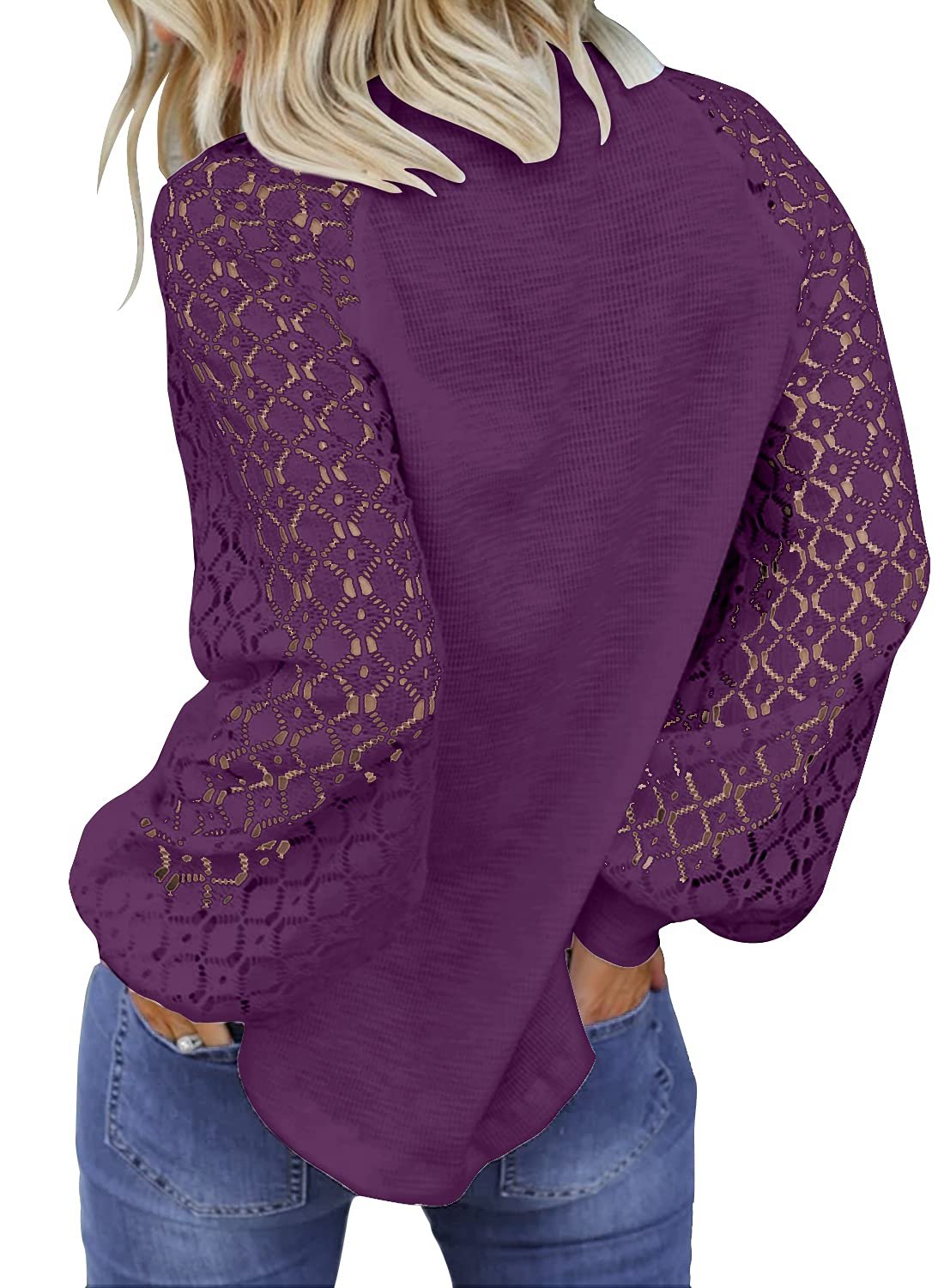 Women's Long Sleeve Tops Lace Casual Loose Blouses T Shirts, Purple, Medium - Image 2