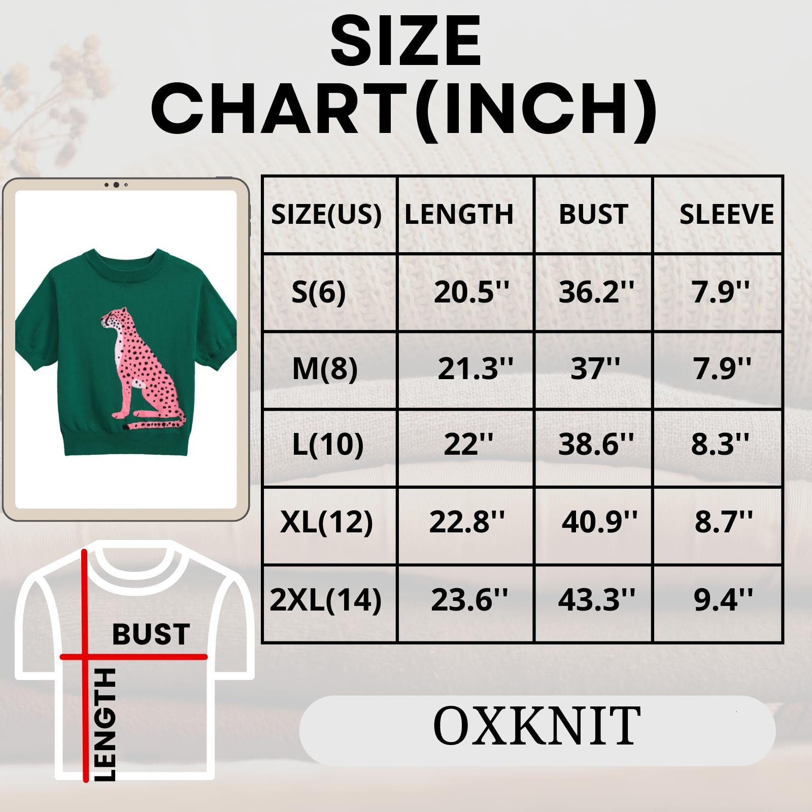 OXKNIT Women's Green Knitted T-Shirt, Retro Animal Pattern Crewneck Cotton Short Sleeve- Cropped Length, Green, X-Large - Image 7