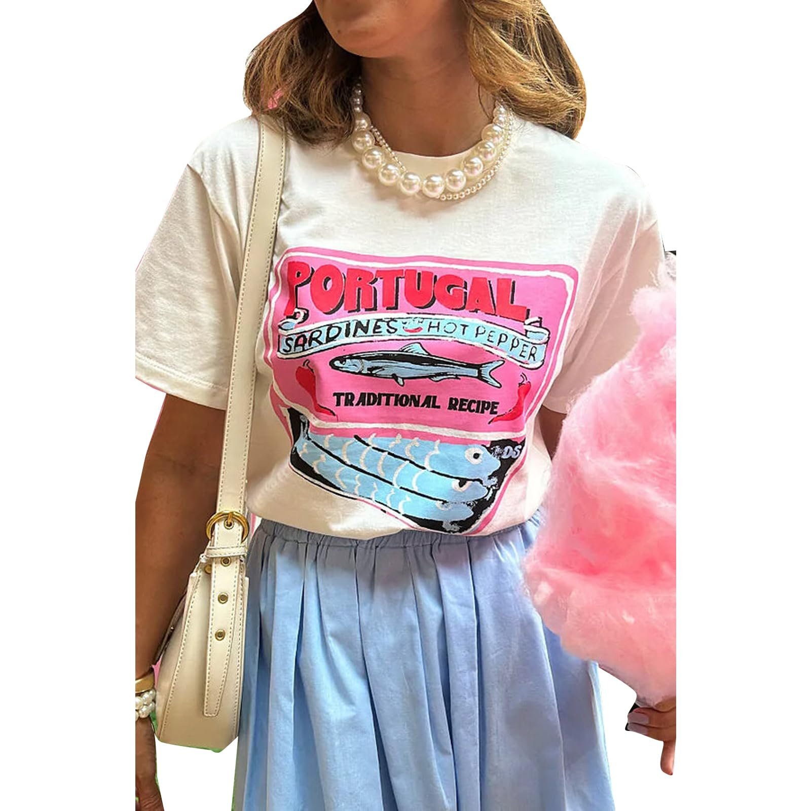 Women Cute Graphic Oversized Tees Fish Sardine Lobster Y2K Baggy T Shirts, White Pink, Medium