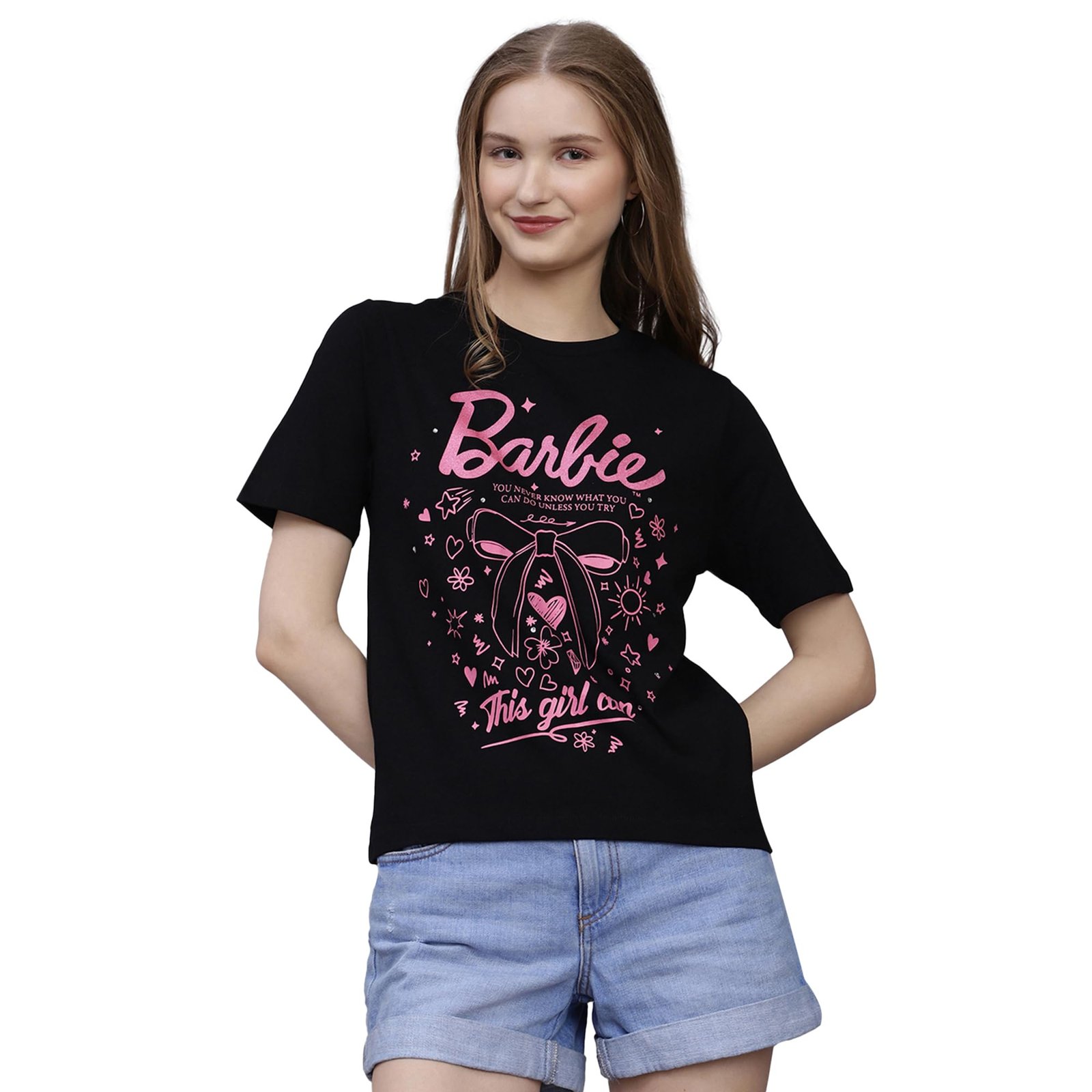 Free Authority Official Mattel Barbie Women Graphic Printed Pure Cotton Regular Fit T-Shirt | Half Sleeves Round Neck Casual Summer Tee
