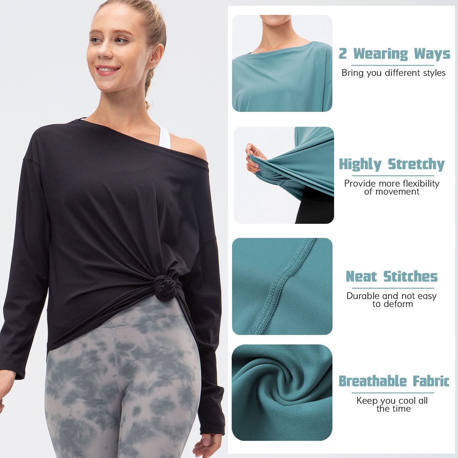 Decdeal Workout Shirts for Women Loose Quick Dry Stretch Long Sleeves Yoga T-Shirt Tops - Image 2