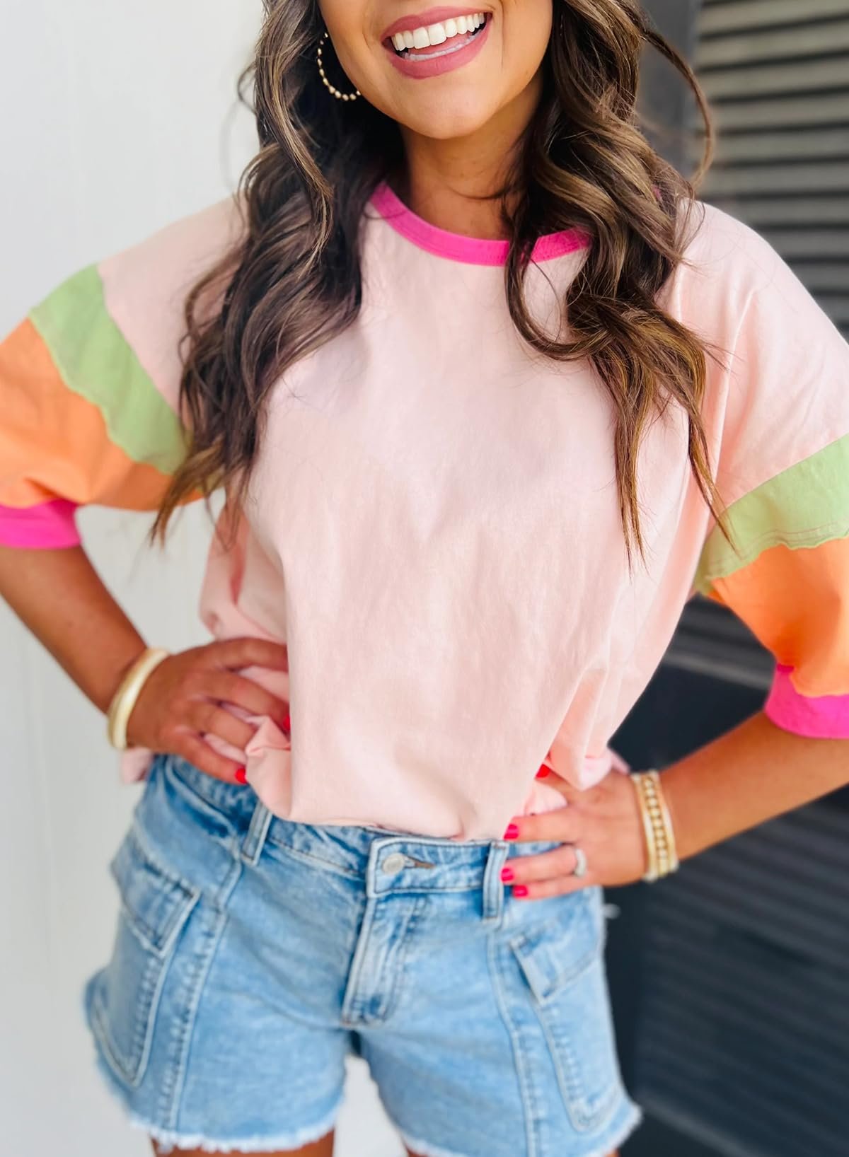 Chvity Womens Colorblock T-Shirt Crewneck Short Sleeve Pullover Spring Summer Casual Patchwork Tops Tees, Pink, Medium - Image 2