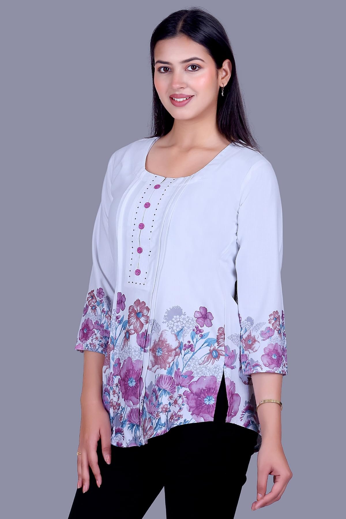Floral Print Rayon Cotton Tunic Top, White with Blue and Purple, 3/4 Sleeves, Button Detail (in, Alpha, Regular, Purple) - Image 3