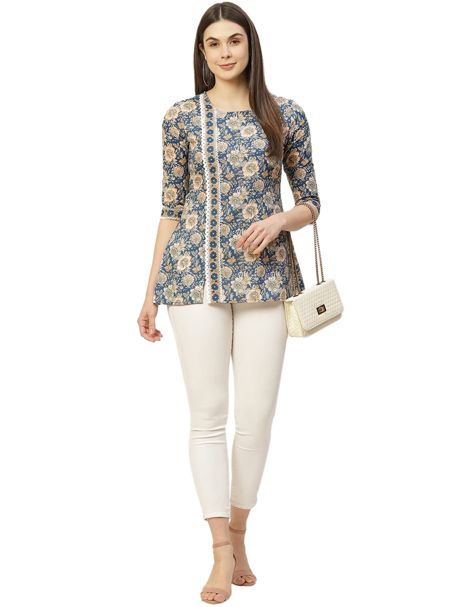 Women's Blue Floral Printed Straight Short Kurti – Round Neck, 3/4 Sleeves, Everyday Ethnic Top - Image 5