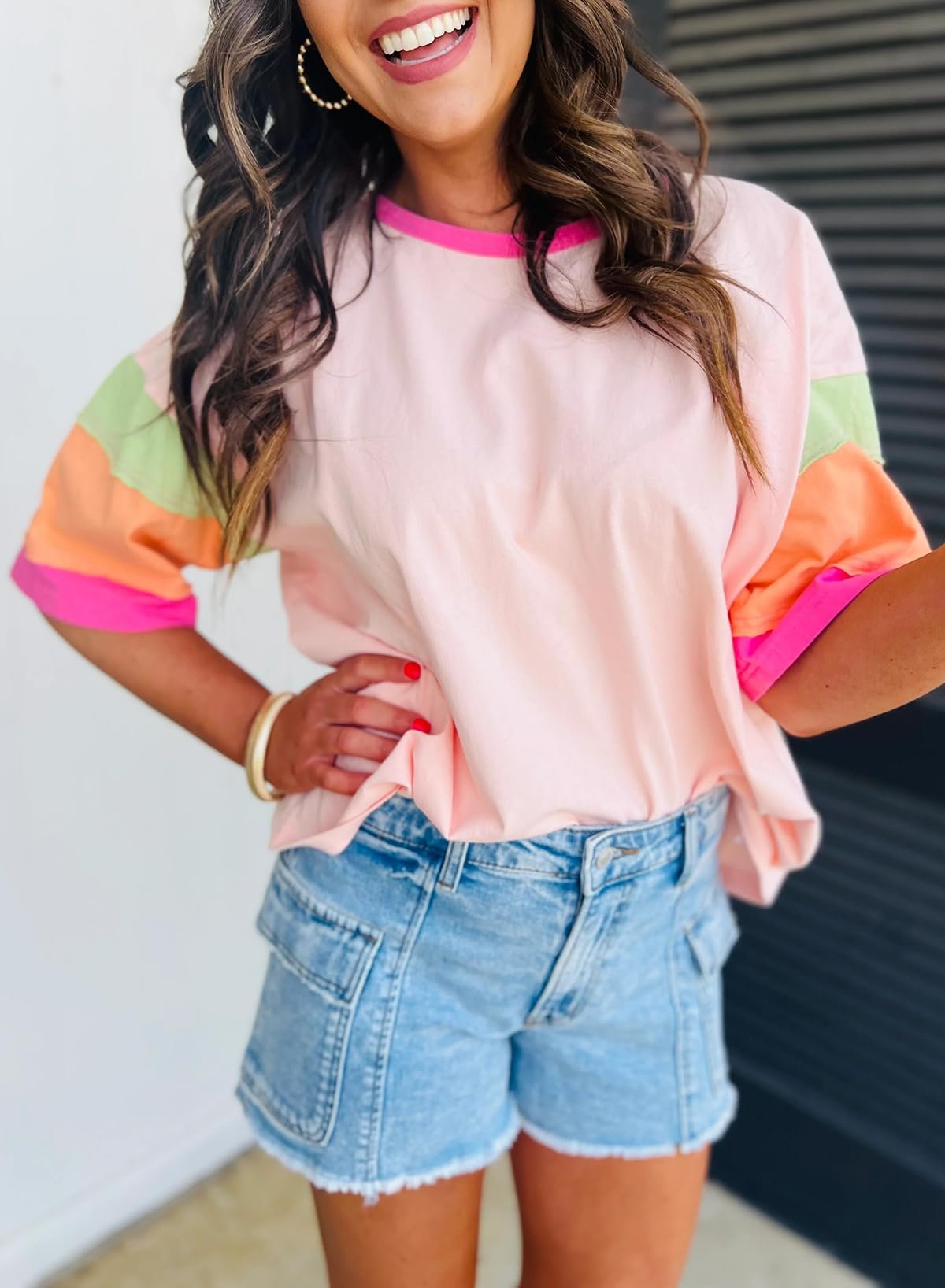 Chvity Womens Colorblock T-Shirt Crewneck Short Sleeve Pullover Spring Summer Casual Patchwork Tops Tees, Pink, Medium - Image 3