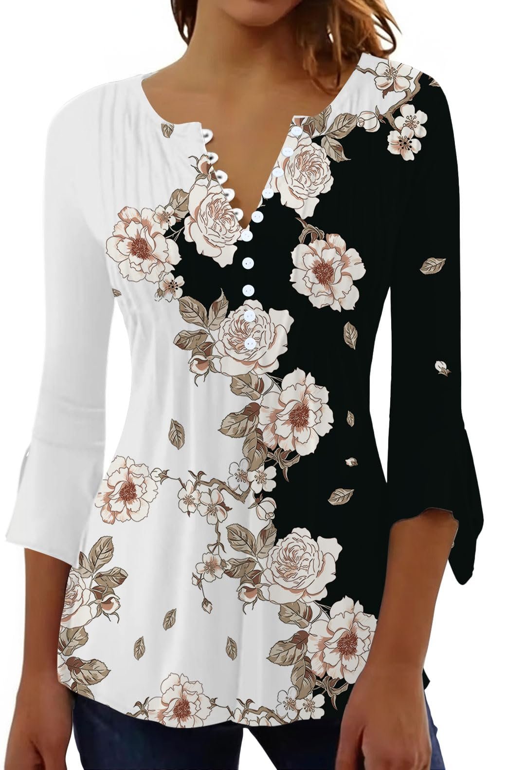 Womens Summer Tops Dressy Casual Pleated Blouses 3/4 Flared Sleeve Shirts, Blackwhite, X-Large