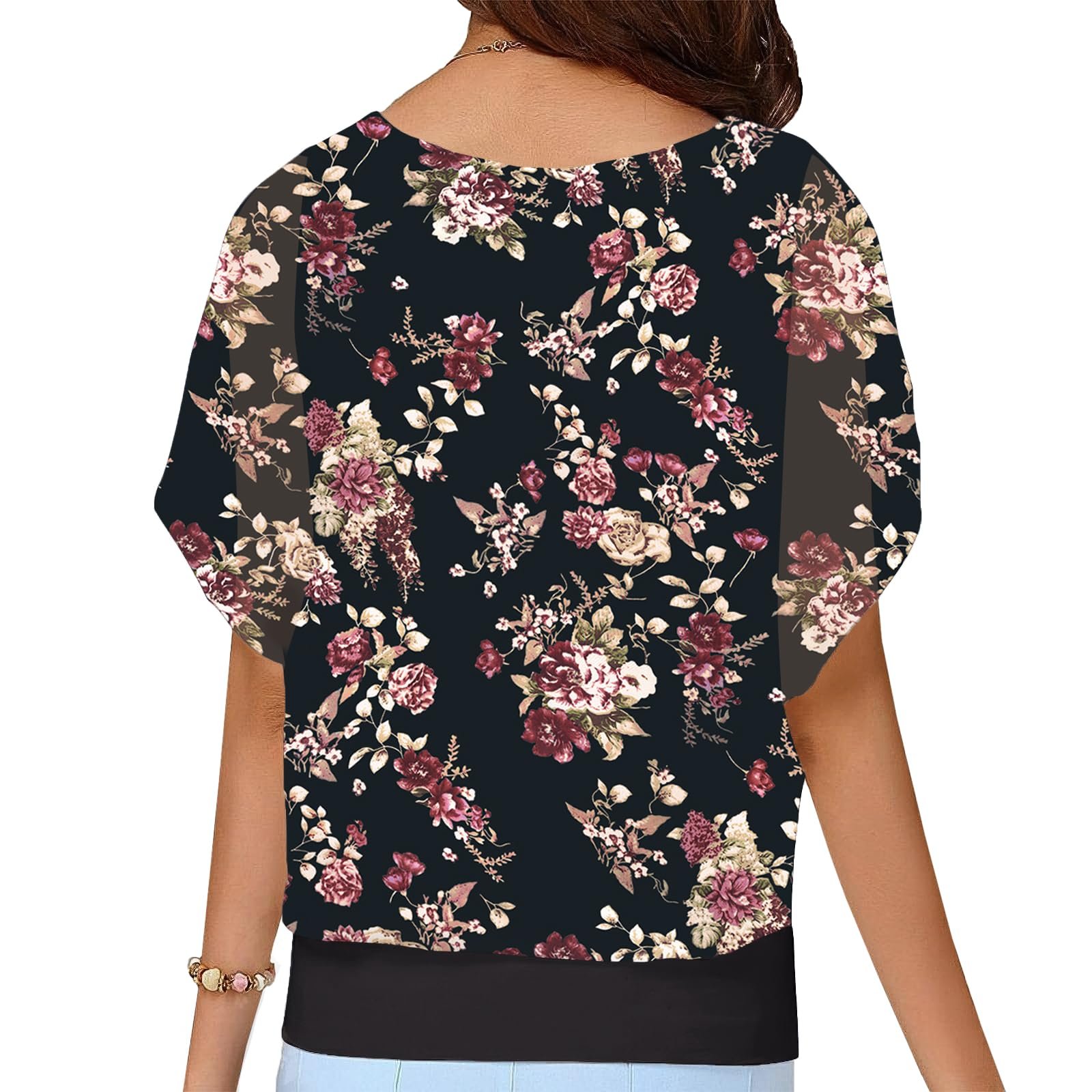 Women's Summer Loose Casual Short Sleeve Chiffon Top T-Shirt Blouse, Jasmine-black, X-Large - Image 2