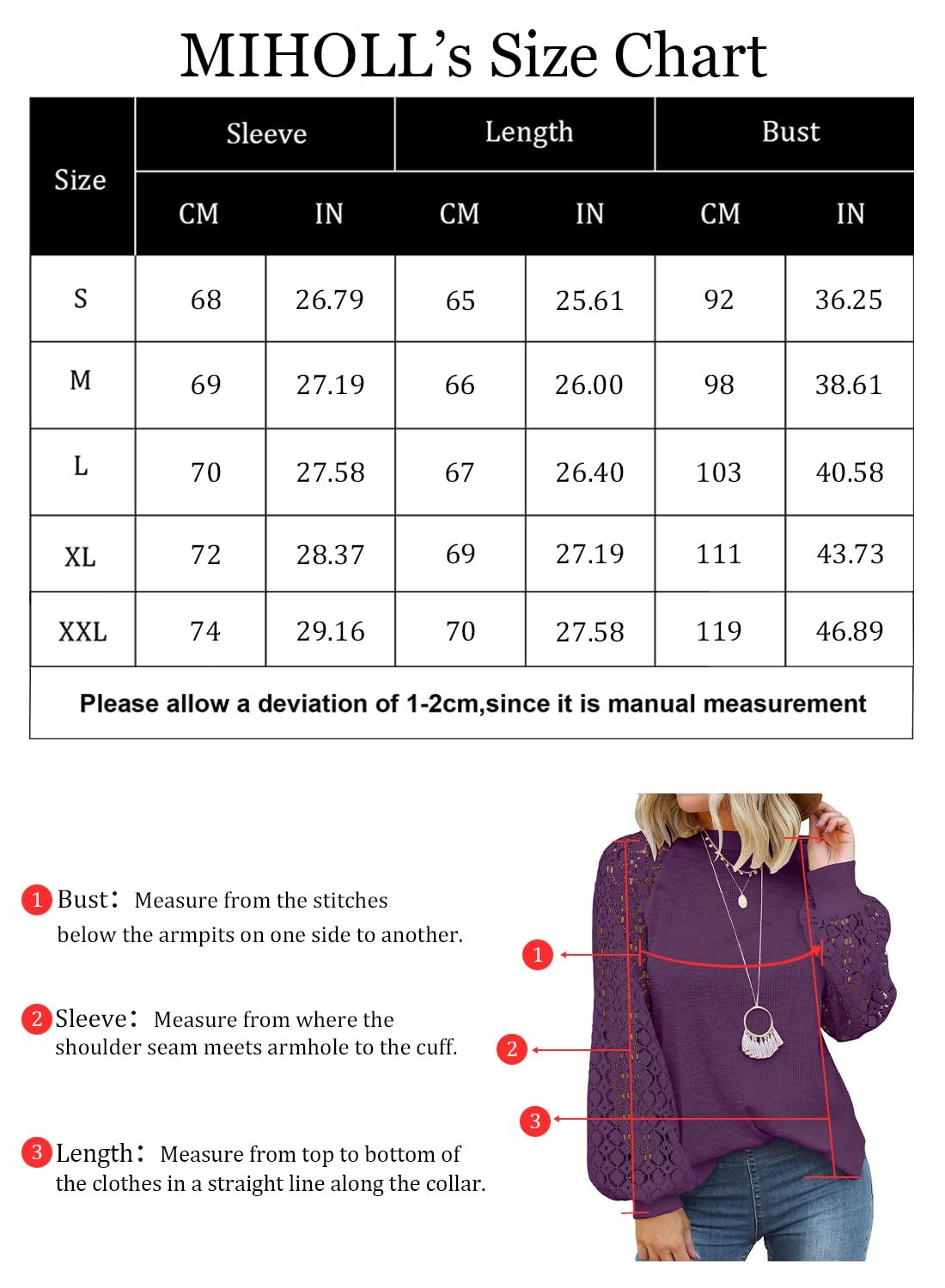 Women's Long Sleeve Tops Lace Casual Loose Blouses T Shirts, Purple, Medium - Image 3