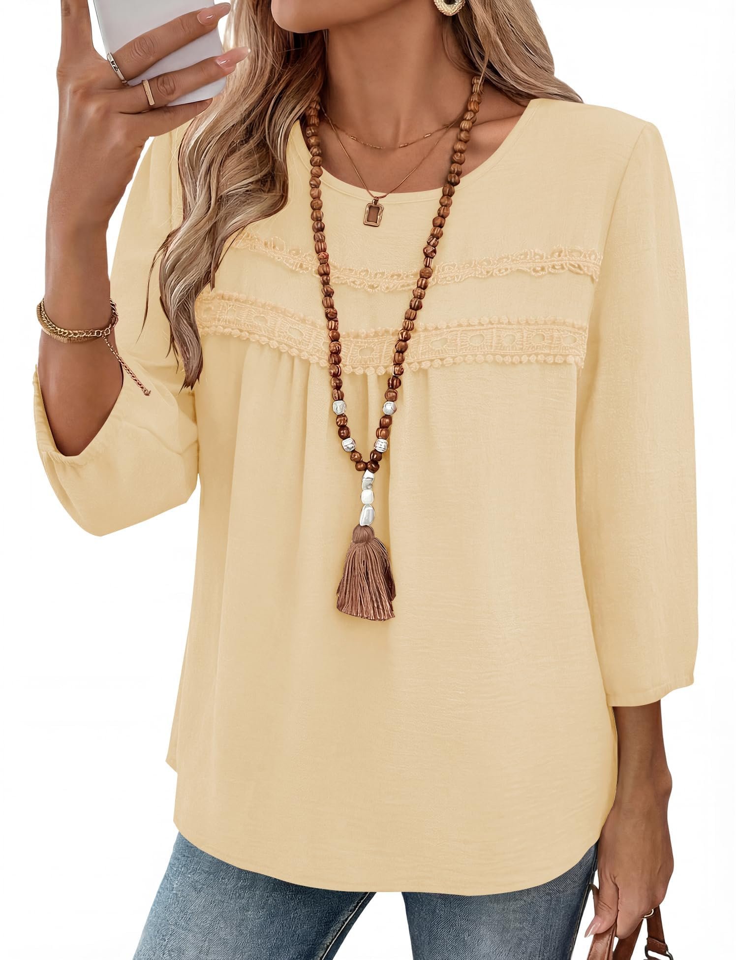 Womens 3/4 Length Sleeve Shirts Casual Chiffon Blouses, Apricot, Large