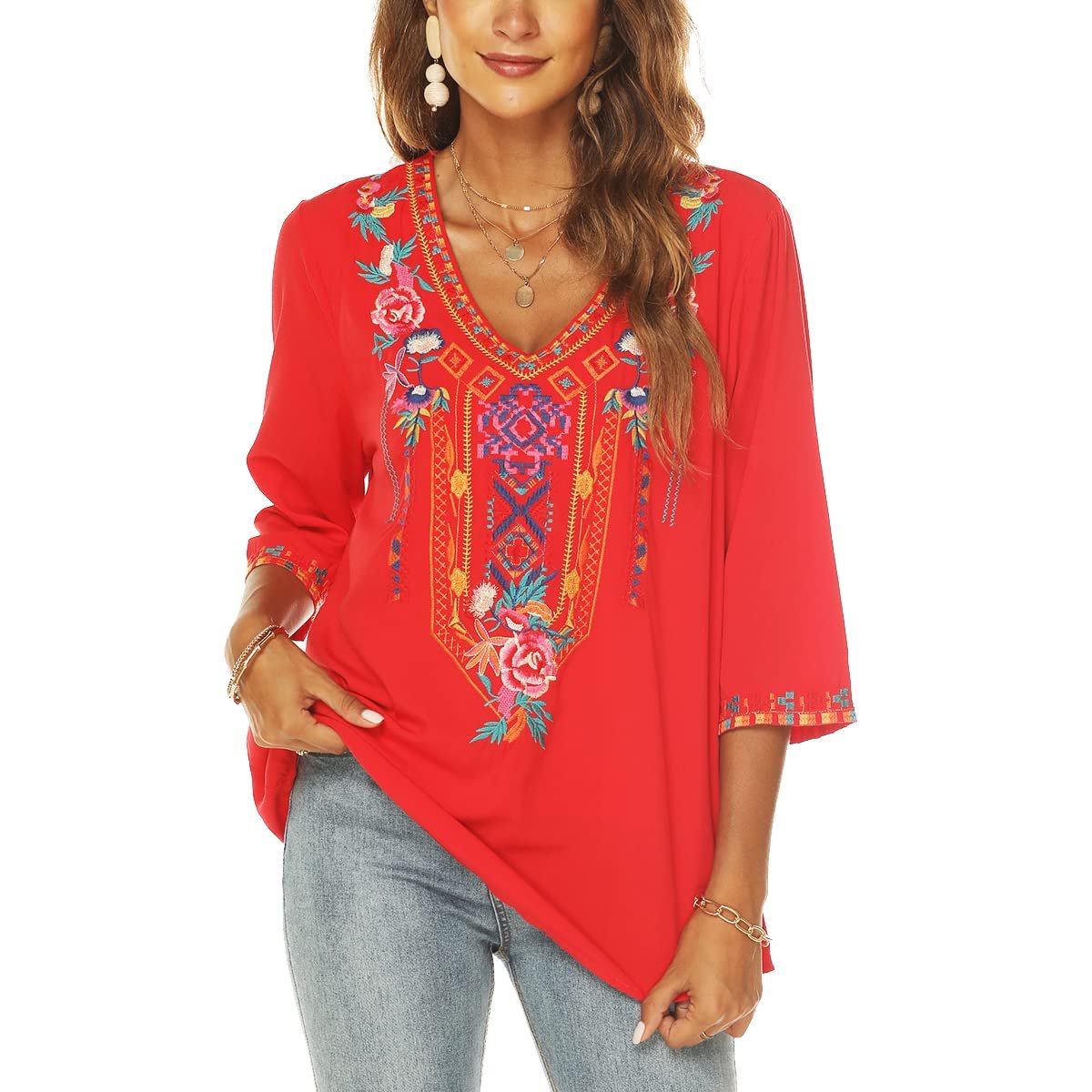 Women's Summer Boho Embroidery Mexican Bohemian Tops V Neck 3/4 Sleeve Causal Loose Shirt Blouse Tunic, Red