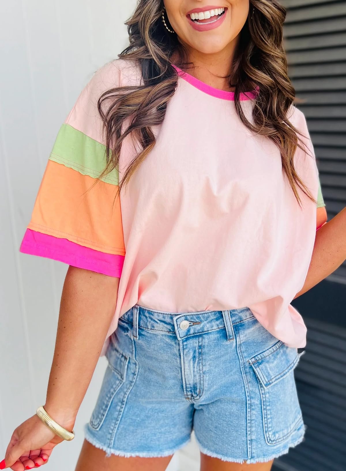 Chvity Womens Colorblock T-Shirt Crewneck Short Sleeve Pullover Spring Summer Casual Patchwork Tops Tees, Pink, Medium - Image 4