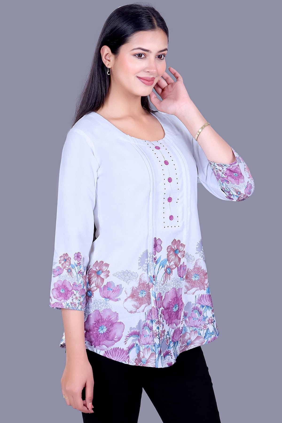 Floral Print Rayon Cotton Tunic Top, White with Blue and Purple, 3/4 Sleeves, Button Detail (in, Alpha, Regular, Purple) - Image 4