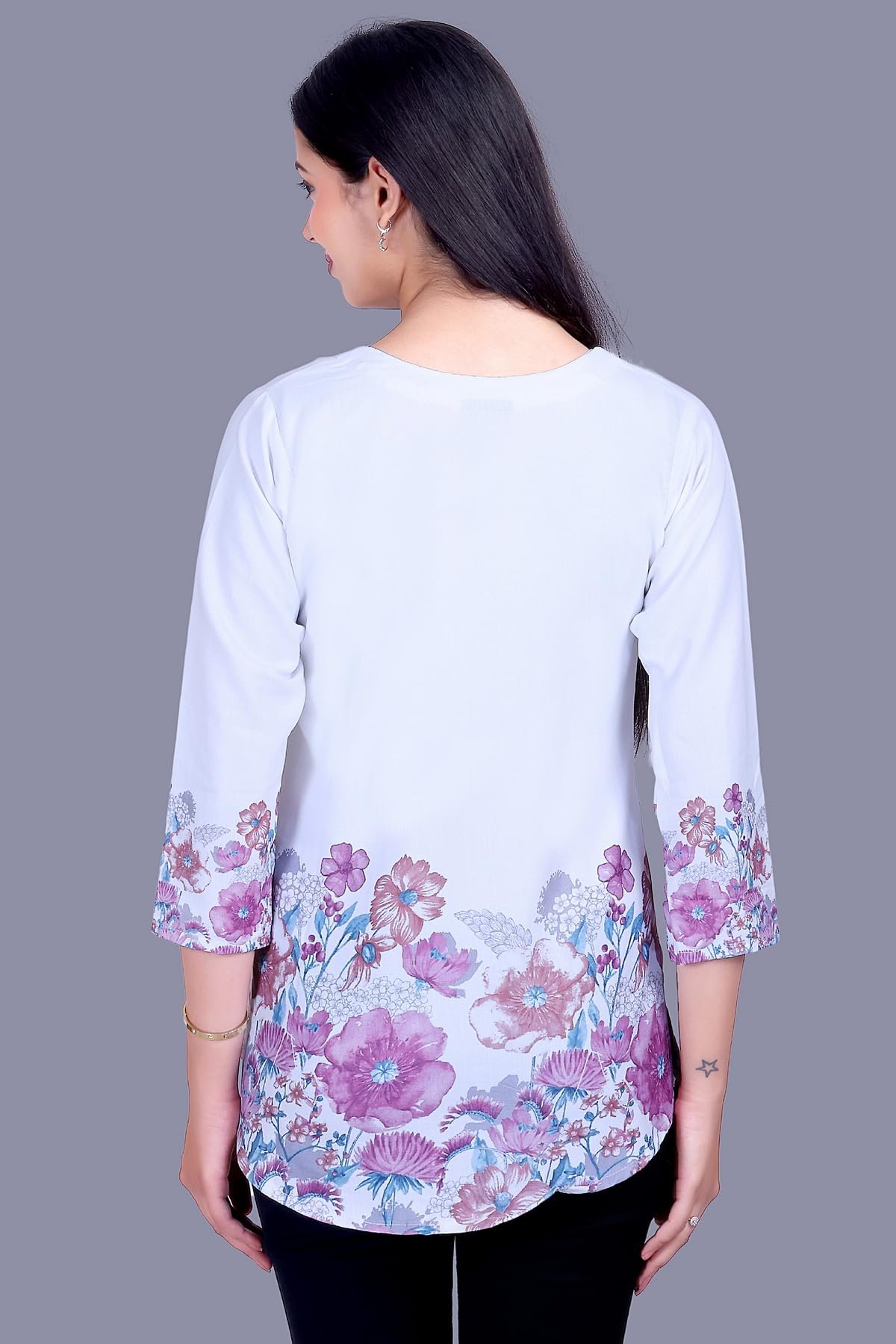 Floral Print Rayon Cotton Tunic Top, White with Blue and Purple, 3/4 Sleeves, Button Detail (in, Alpha, Regular, Purple) - Image 2