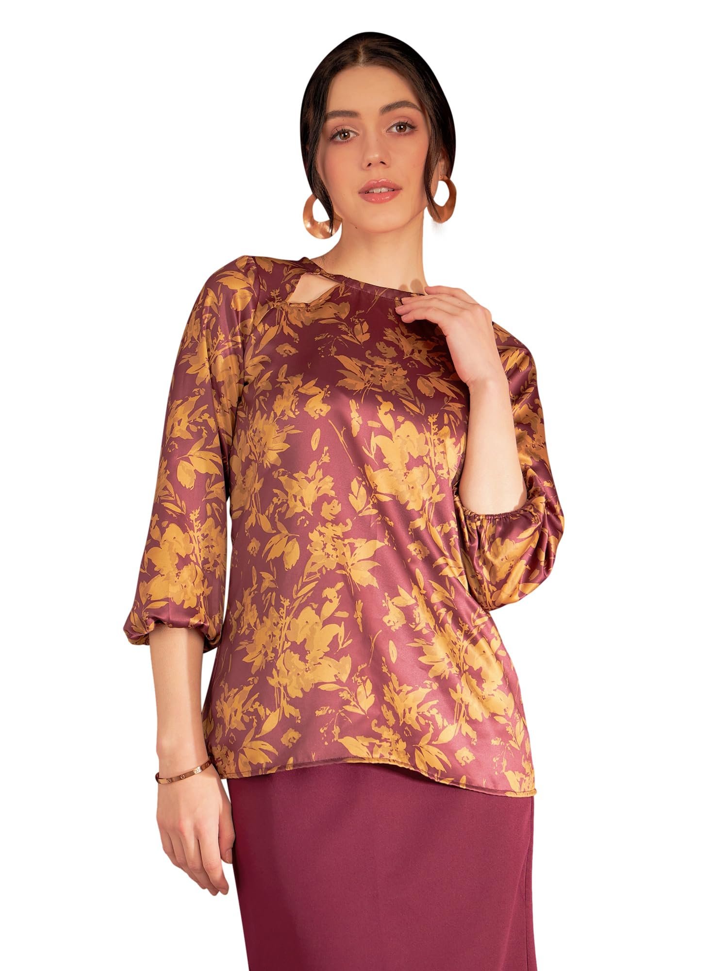 Layla 3/4th Sleeve Mustard & Burgundy Women Top