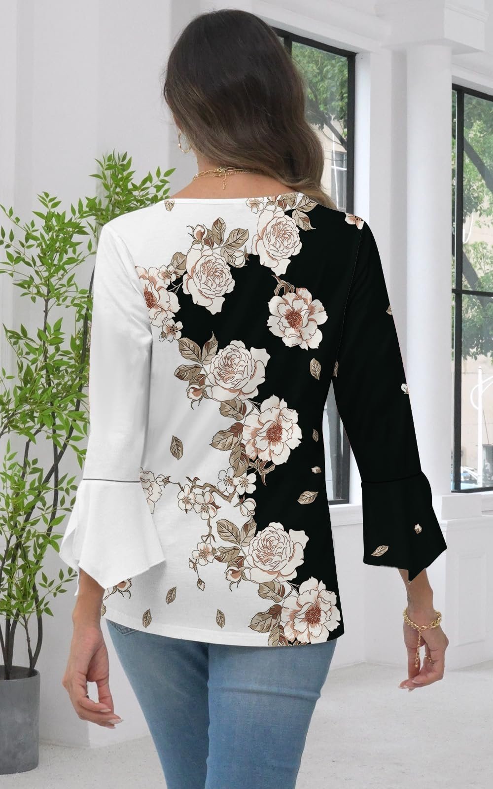 Womens Summer Tops Dressy Casual Pleated Blouses 3/4 Flared Sleeve Shirts, Blackwhite, X-Large - Image 5
