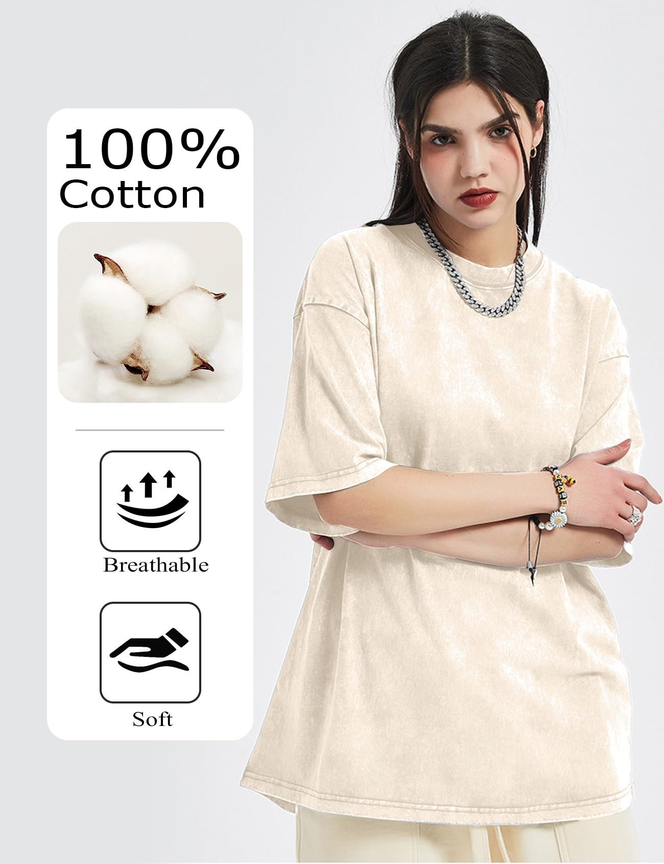 Yimoon 3 Pack Oversized Tshirts for Women Washed Vintage Baggy Boyfriend Tees Short Sleeve Unisex Cotton Tops, Blackkhakibeige - Image 2