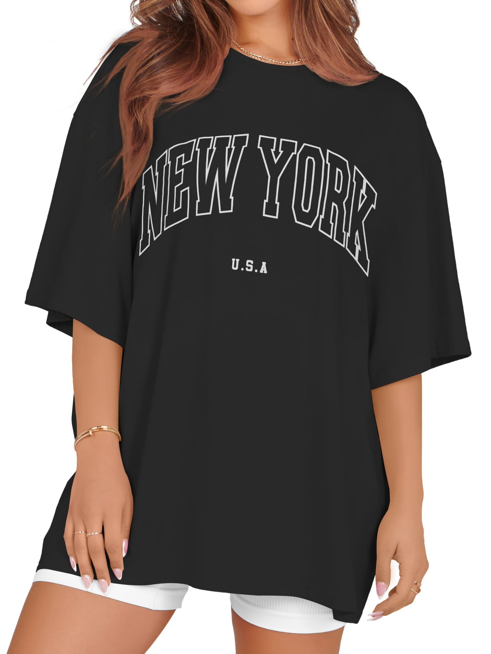 Oversized Tshirts for Women Summer Graphic Short Sleeve Crew Neck Tee Shirt, Black New York, 3X-Large