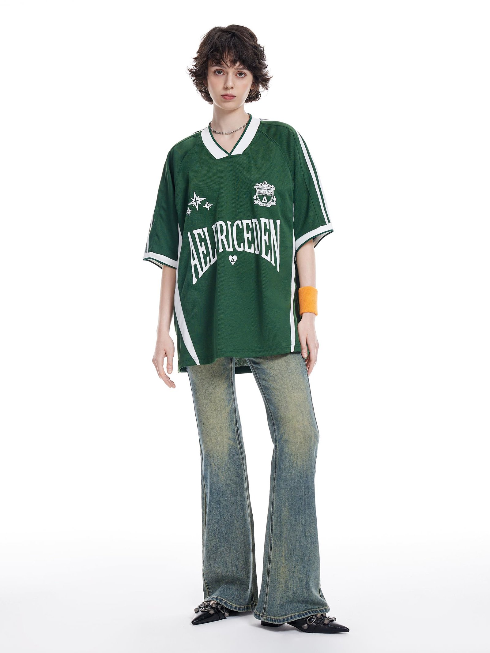 Aelfric Eden Jersey Shirts Women Oversized Mesh V Neck Graphic Tees Y2k Color Block Short Sleeve T Shirt Tops, Green, Medium - Image 4