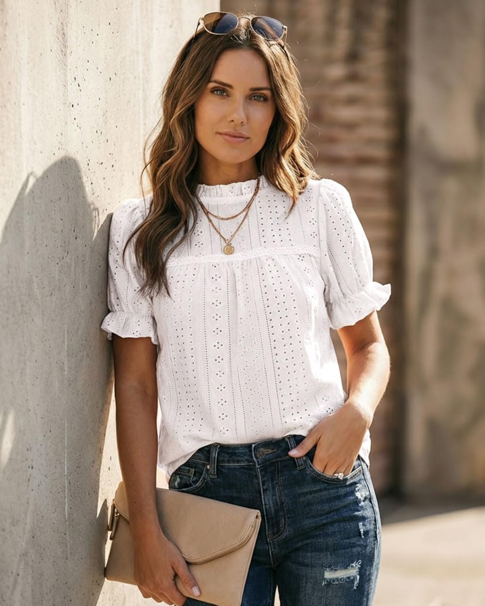 Women's Elegant Eyelet Mock Neck Puff Sleeve Blouse Casual Summer Hollow Out Embroidered Pullover Top, A-white, Medium - Image 2
