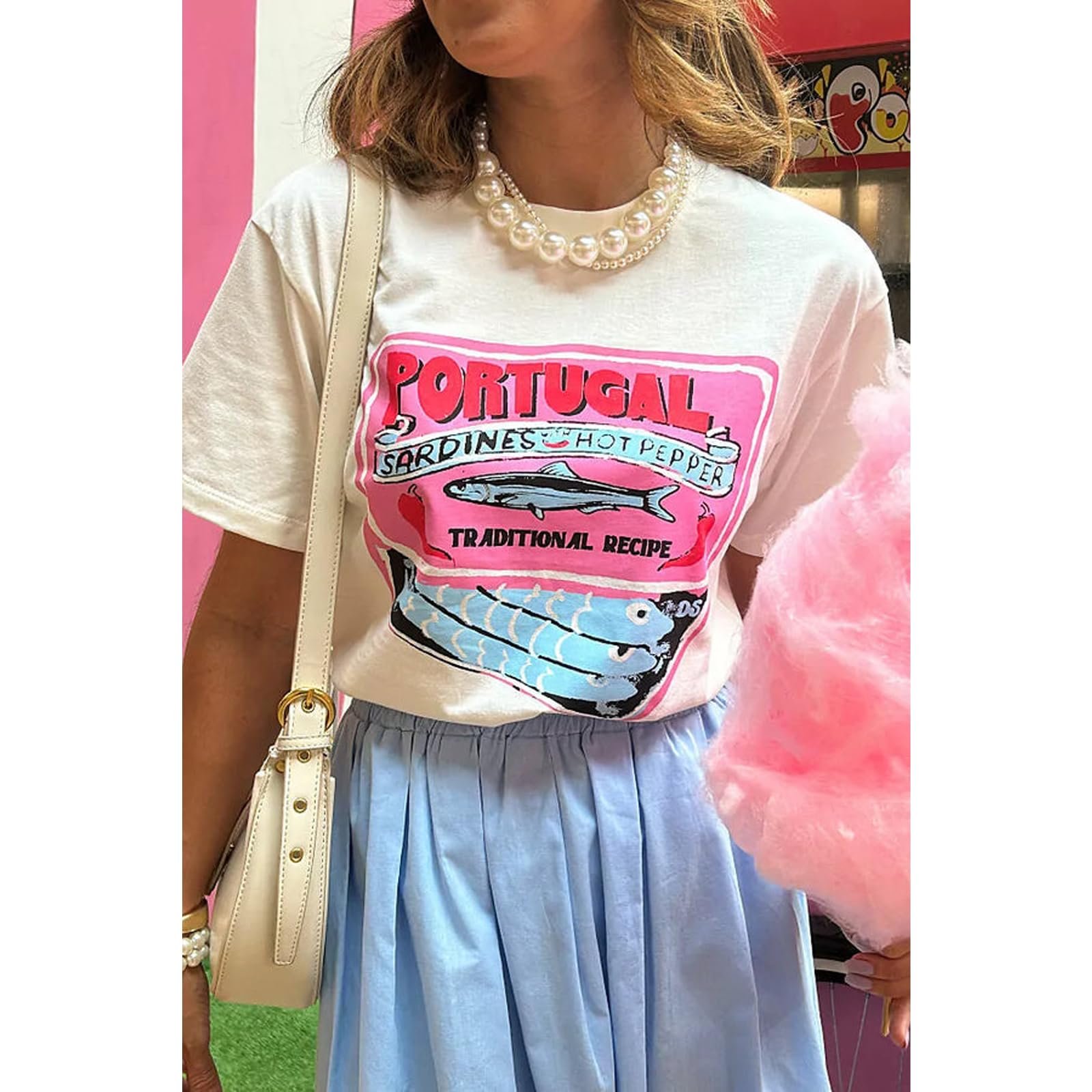 Women Cute Graphic Oversized Tees Fish Sardine Lobster Y2K Baggy T Shirts, White Pink, Medium - Image 2