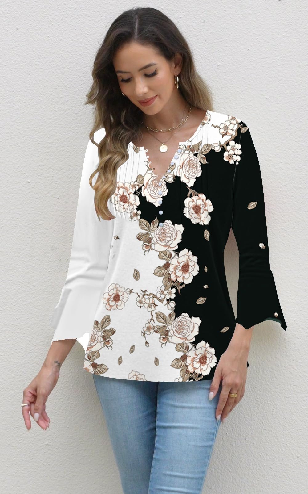 Womens Summer Tops Dressy Casual Pleated Blouses 3/4 Flared Sleeve Shirts, Blackwhite, X-Large - Image 3