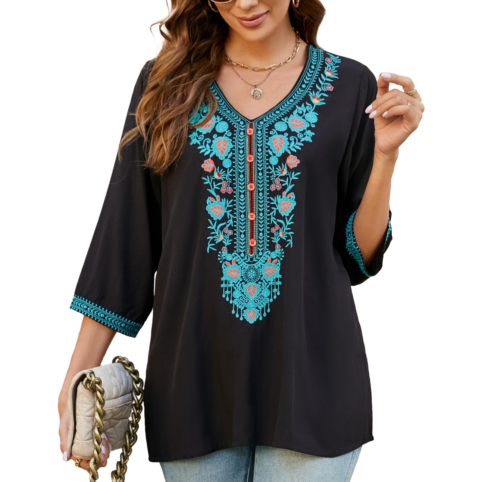 Traditional Mexican Embroidered Peasant Tops for Women, Plus Size Vintage Floral Tunic Shirts, Flowers Embroidery Blouses, Black, Large
