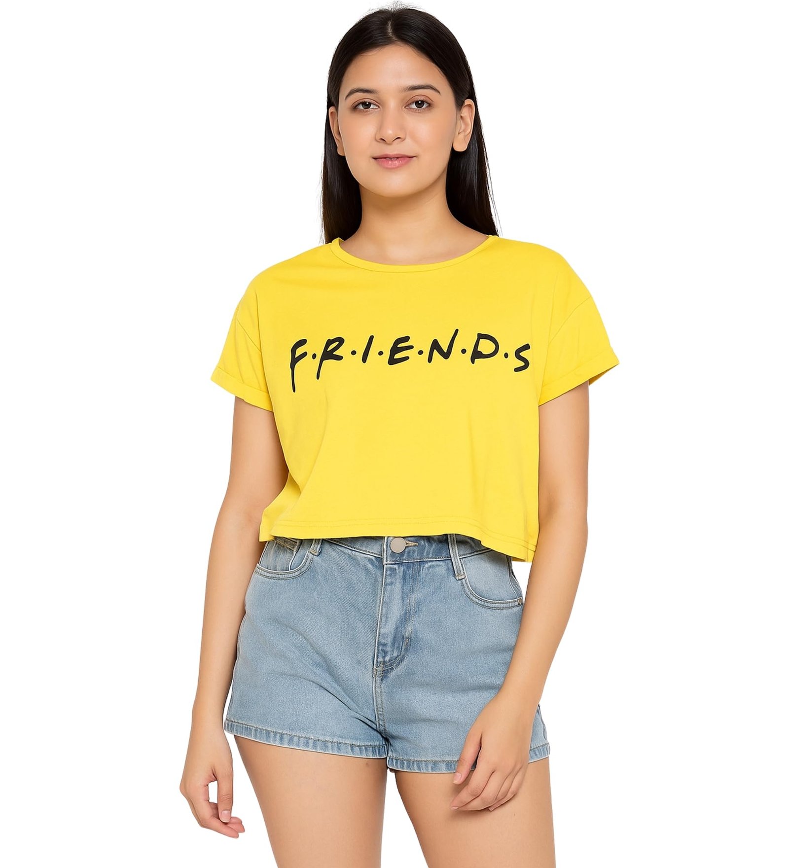 Hangout Hub Women T-Shirts Crop Top-Friends Printed (Yellow;L) Set of 1
