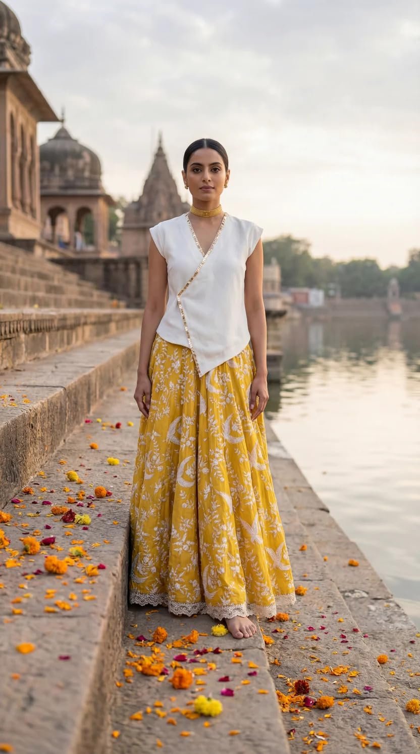 Alia Women's Flowy MUL Chanderi Asymmetrical Top with Double Lining & Hand Embroidered Sequin Work, Sun Yellow, Size S - Image 5