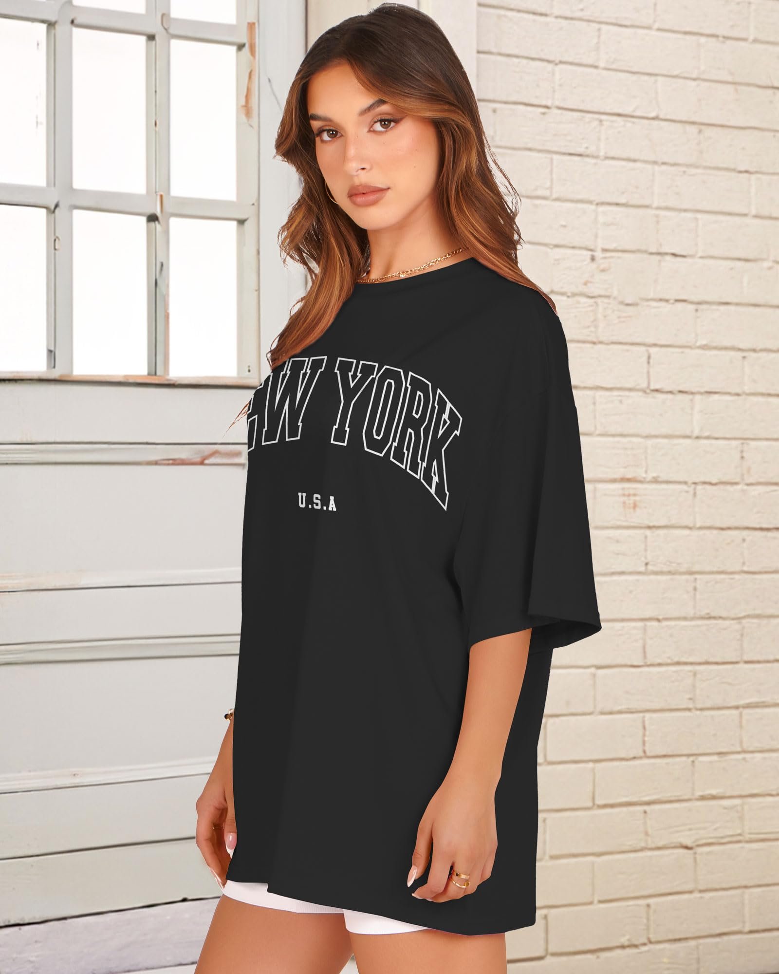 Oversized Tshirts for Women Summer Graphic Short Sleeve Crew Neck Tee Shirt, Black New York, 3X-Large - Image 5