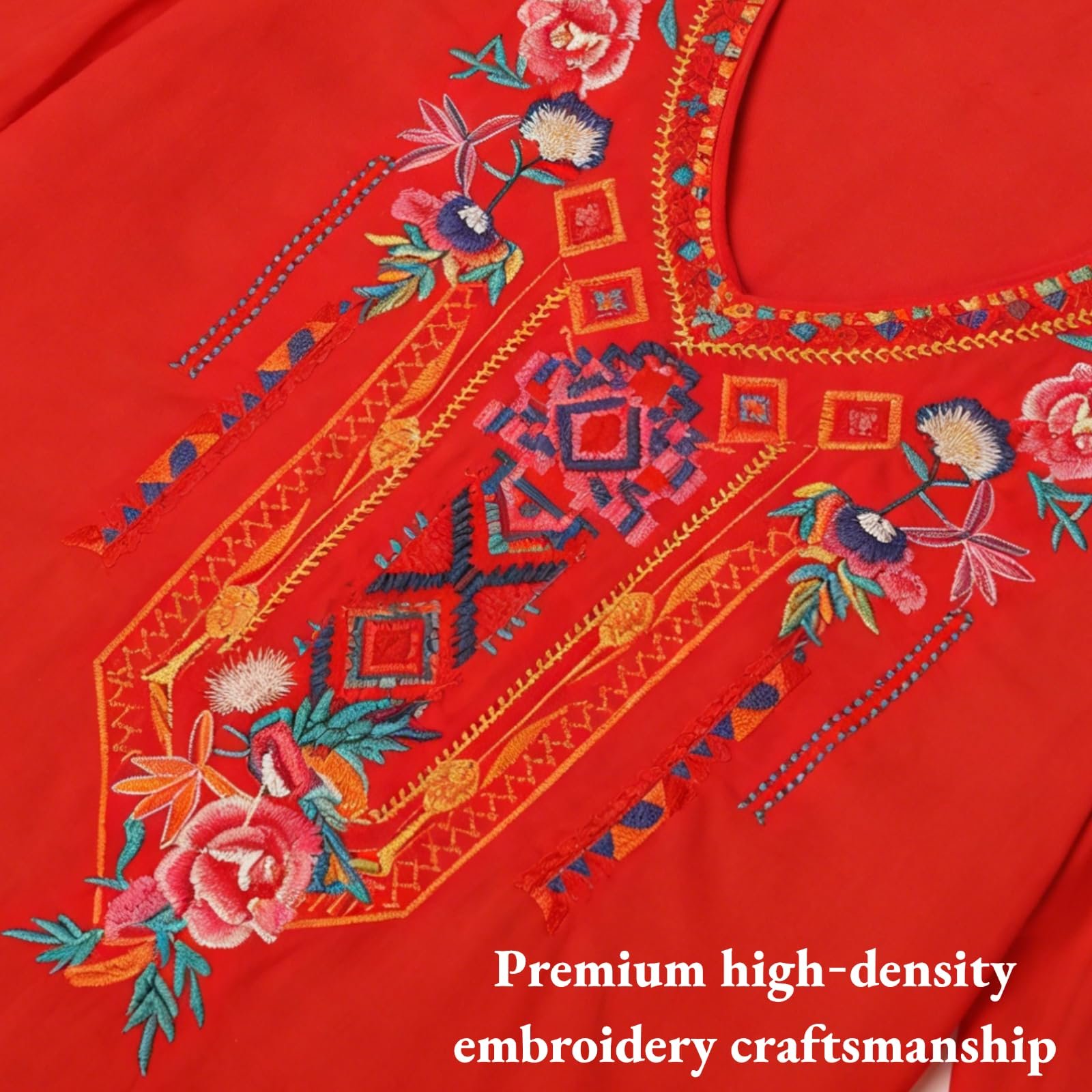Women's Summer Boho Embroidery Mexican Bohemian Tops V Neck 3/4 Sleeve Causal Loose Shirt Blouse Tunic, Red - Image 3
