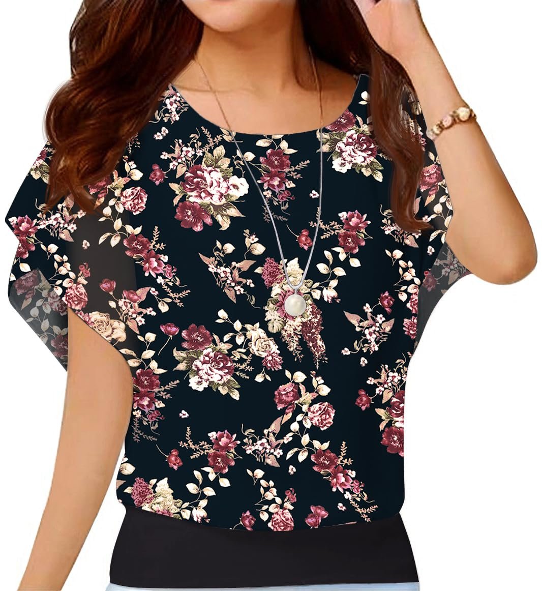 Women's Summer Loose Casual Short Sleeve Chiffon Top T-Shirt Blouse, Jasmine-black, X-Large