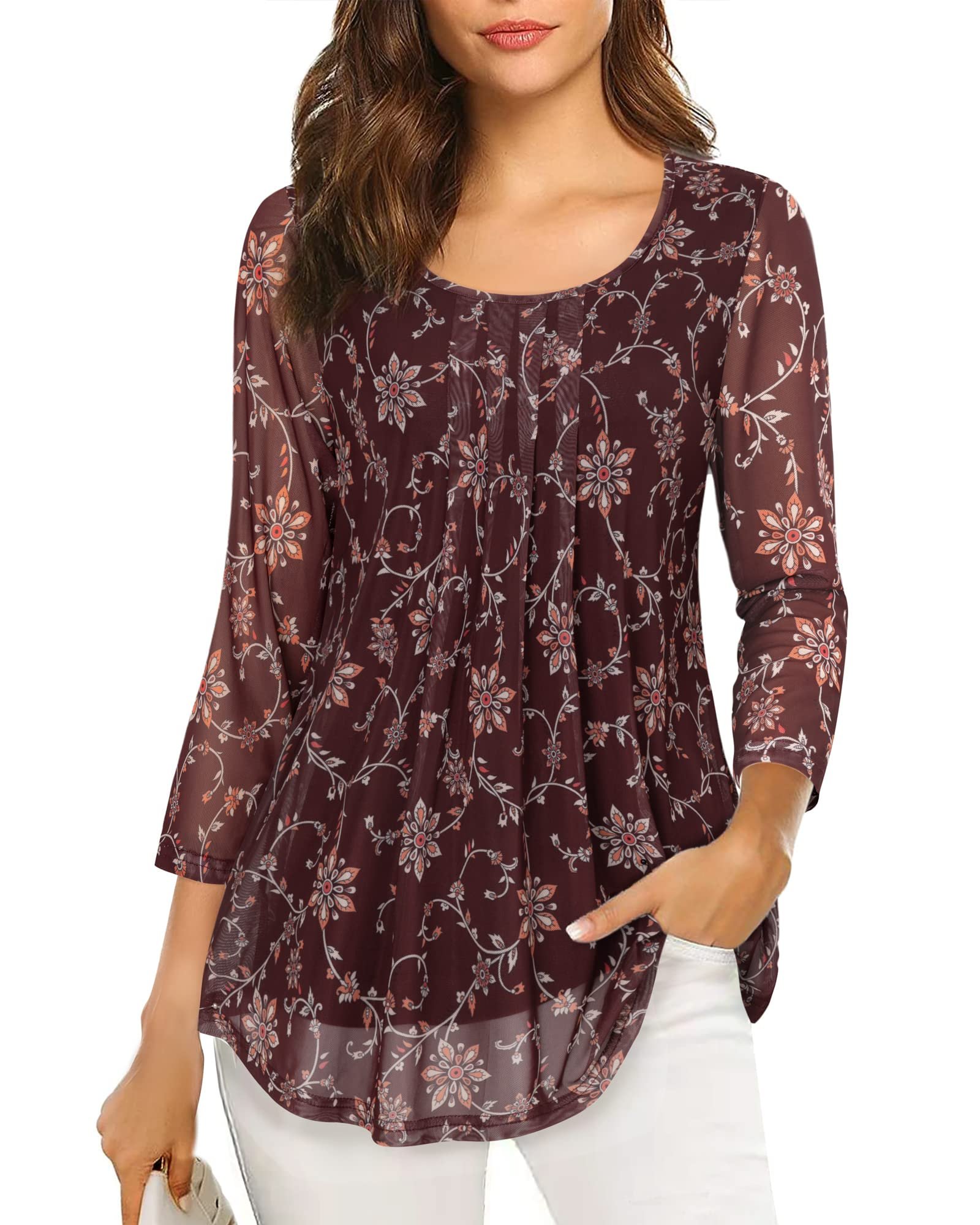 Women's 3/4 Sleeve Tunic Tops Casual Loose Fit Floral Blouses Mesh Pleated Layered Shirt, Dark Red, 3X-Large