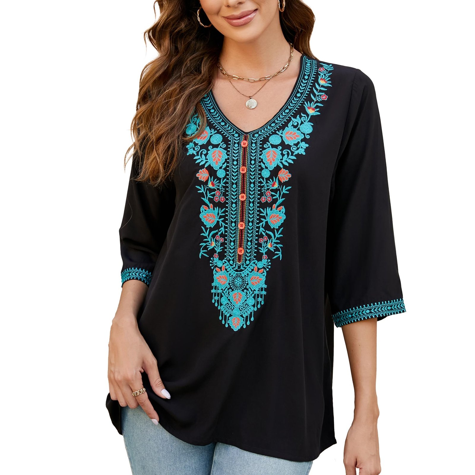 Traditional Mexican Embroidered Peasant Tops for Women, Plus Size Vintage Floral Tunic Shirts, Flowers Embroidery Blouses, Black, Large - Image 2