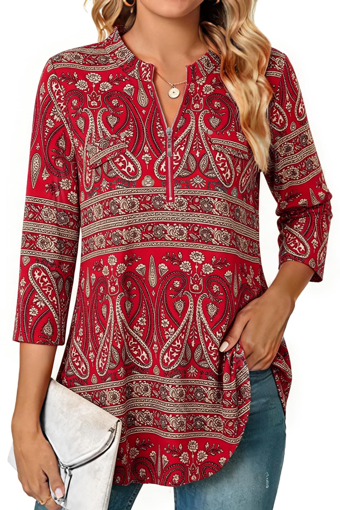 Women's 3/4 Sleeve Plaid Shirts Zip Floral Casual Tunic Blouse Tops, Beige Red, Large, Red - Image 2