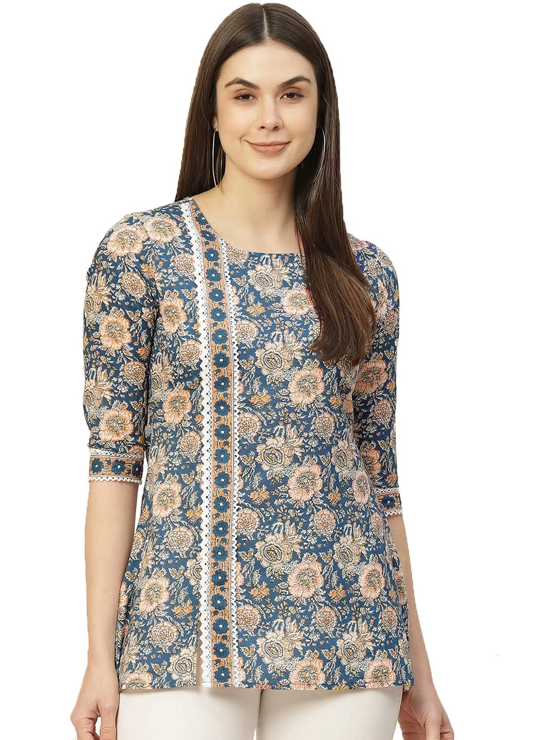 Women's Blue Floral Printed Straight Short Kurti – Round Neck, 3/4 Sleeves, Everyday Ethnic Top
