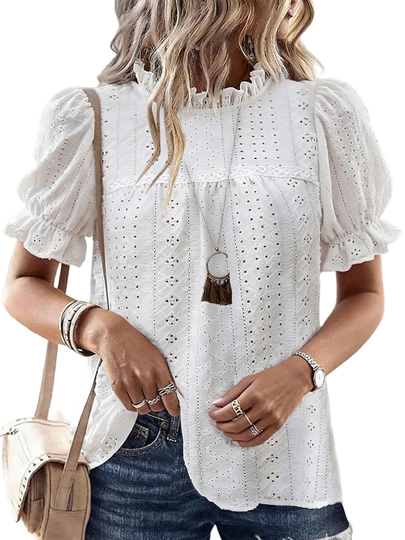 Women's Elegant Eyelet Mock Neck Puff Sleeve Blouse Casual Summer Hollow Out Embroidered Pullover Top, A-white, Medium