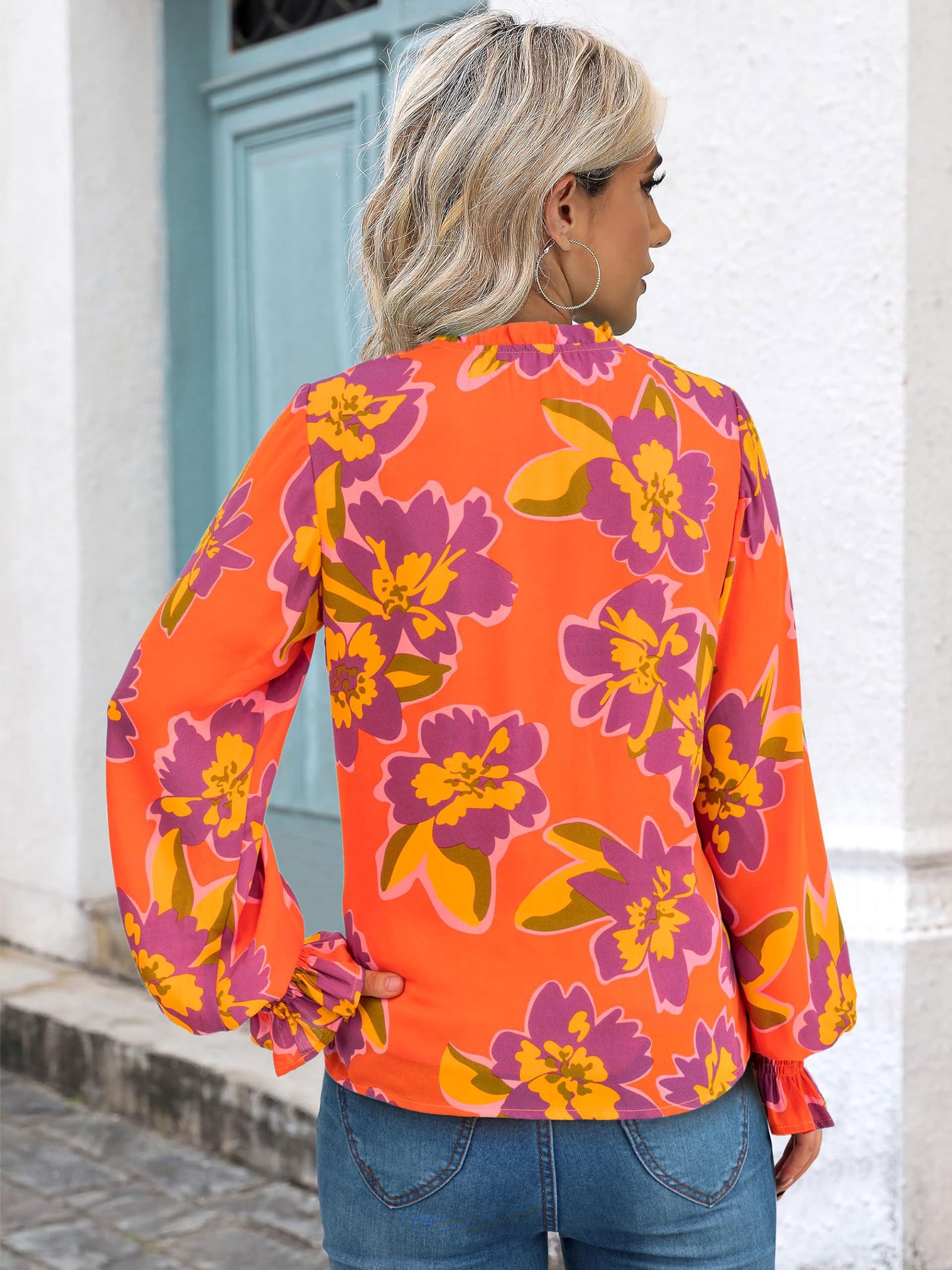 Womens Boho Floral Long Sleeve Loose Chiffon Blouses, Orange Purple, Medium - Image 5